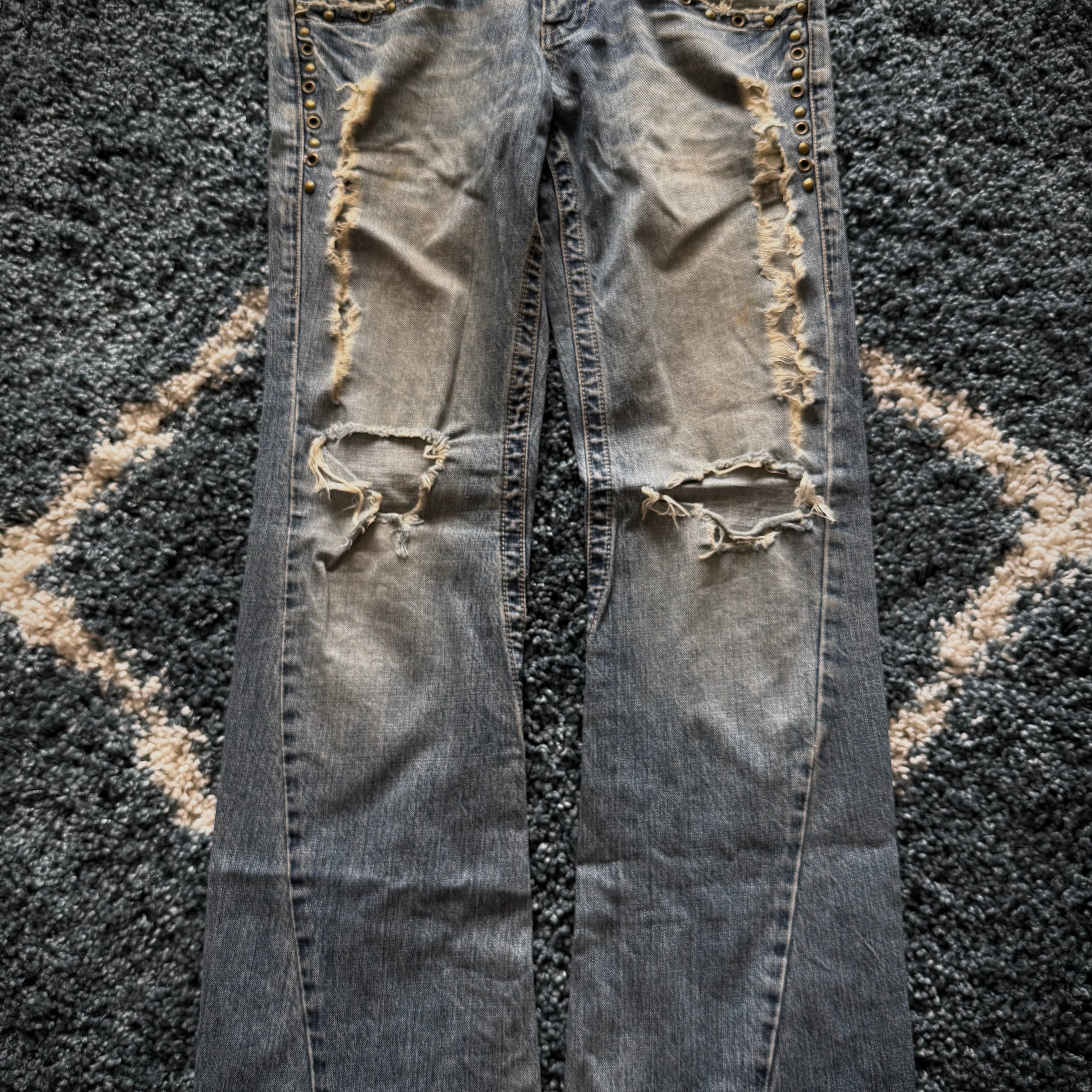 Tornado Mart spiral distressed studded flared denim