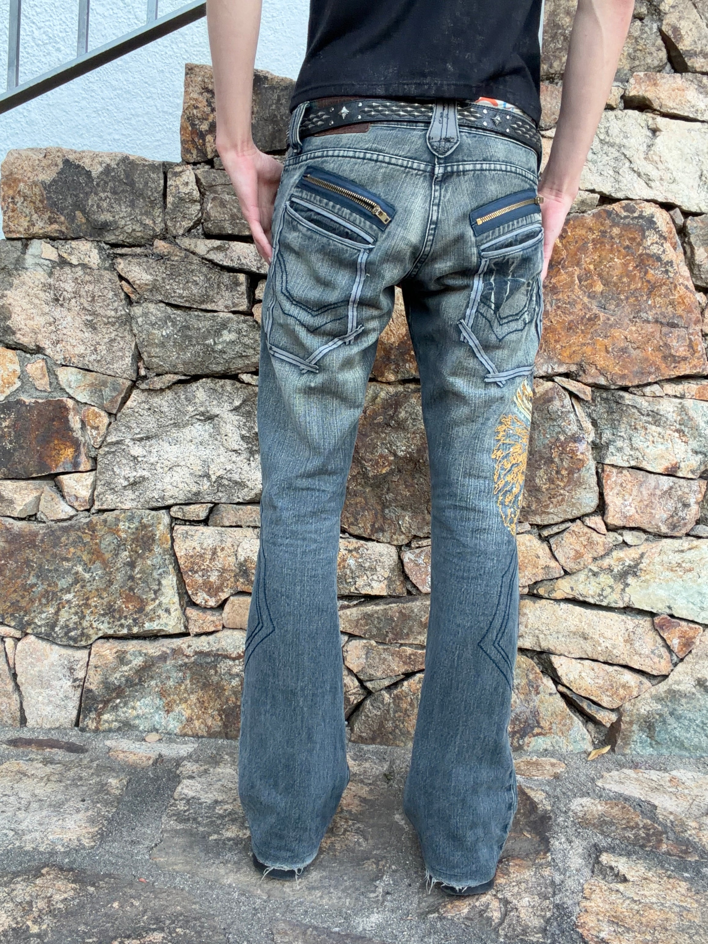 Tornado Mart Tribe Embroidered Rhinestone Flared Denim