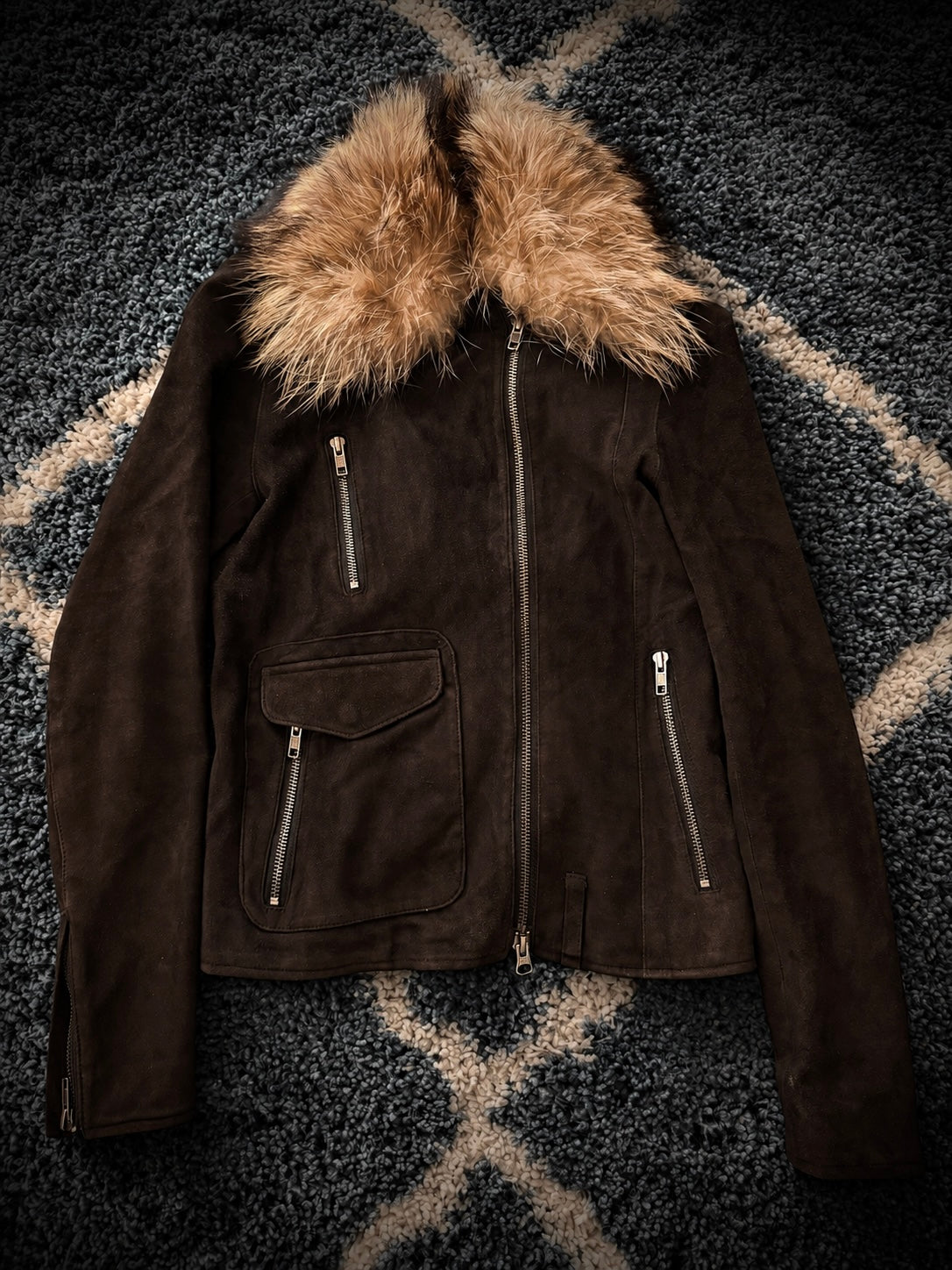 Luva Tram Detachable Fox Fur Double Rider Suede Jacket