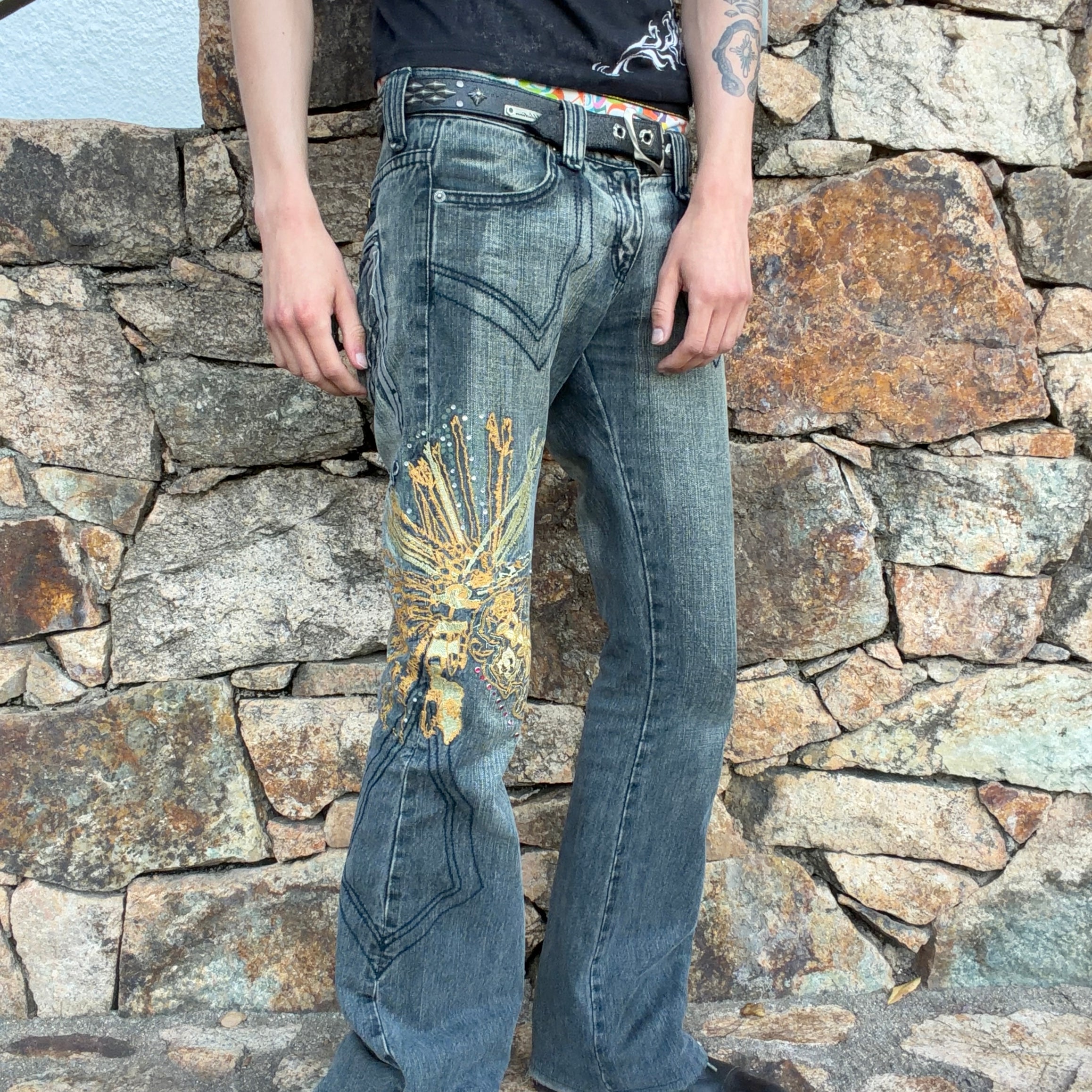 Tornado Mart Tribe Embroidered Rhinestone Flared Denim