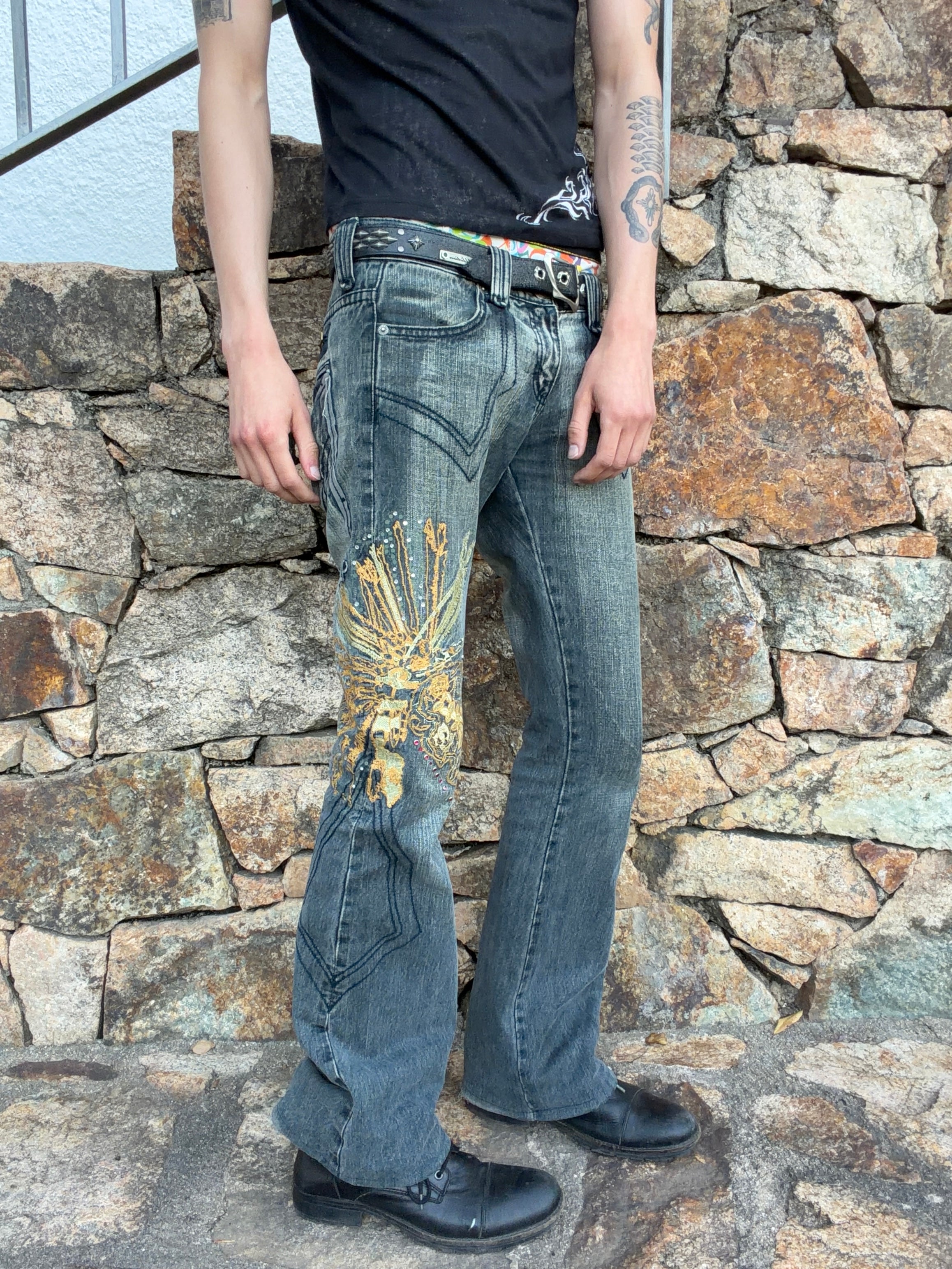 Tornado Mart Tribe Embroidered Rhinestone Flared Denim