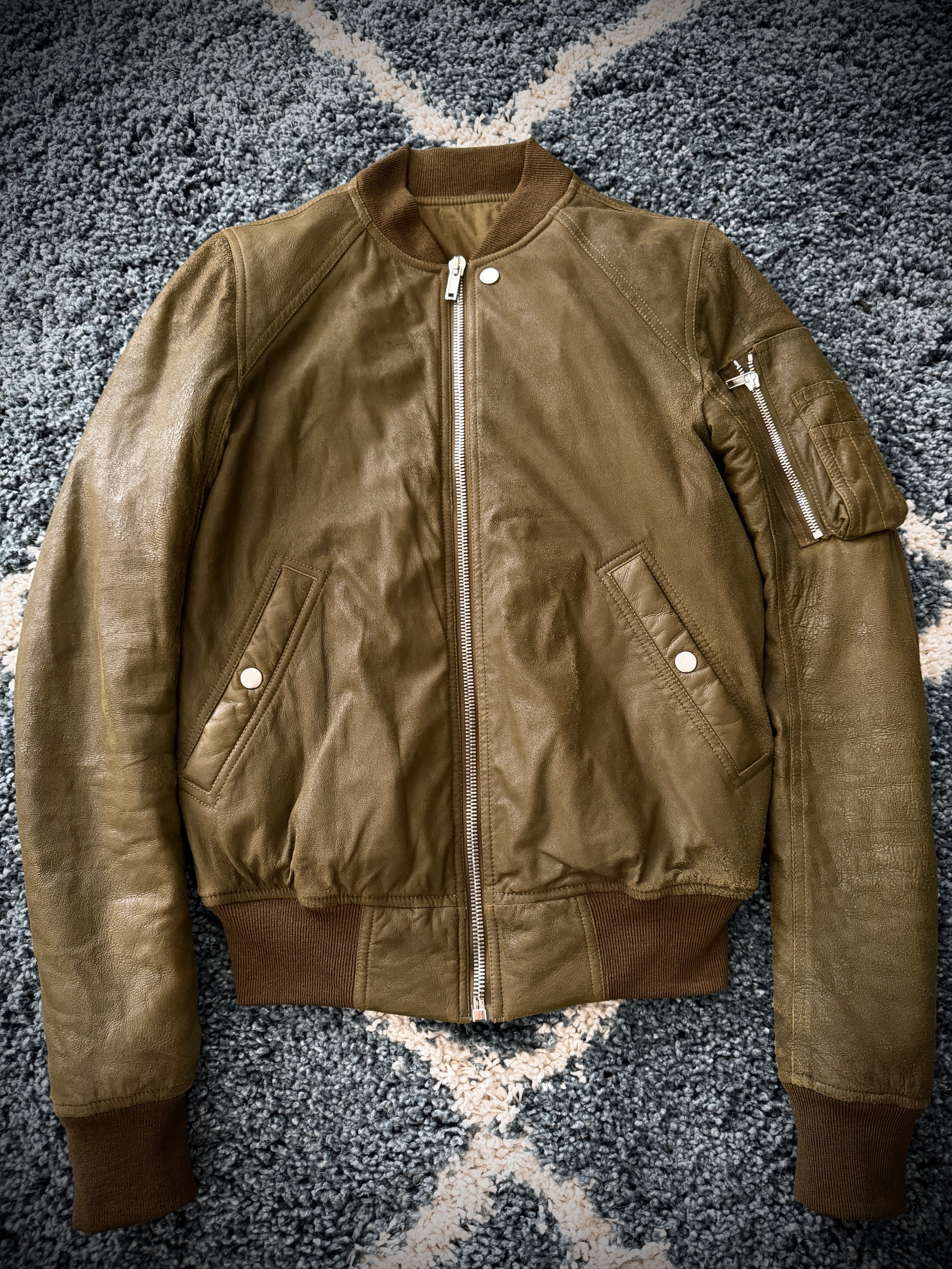 FW/18 Rick Owens Olive Brushed Lamb Nap Intarsia Leather Jacket(48)