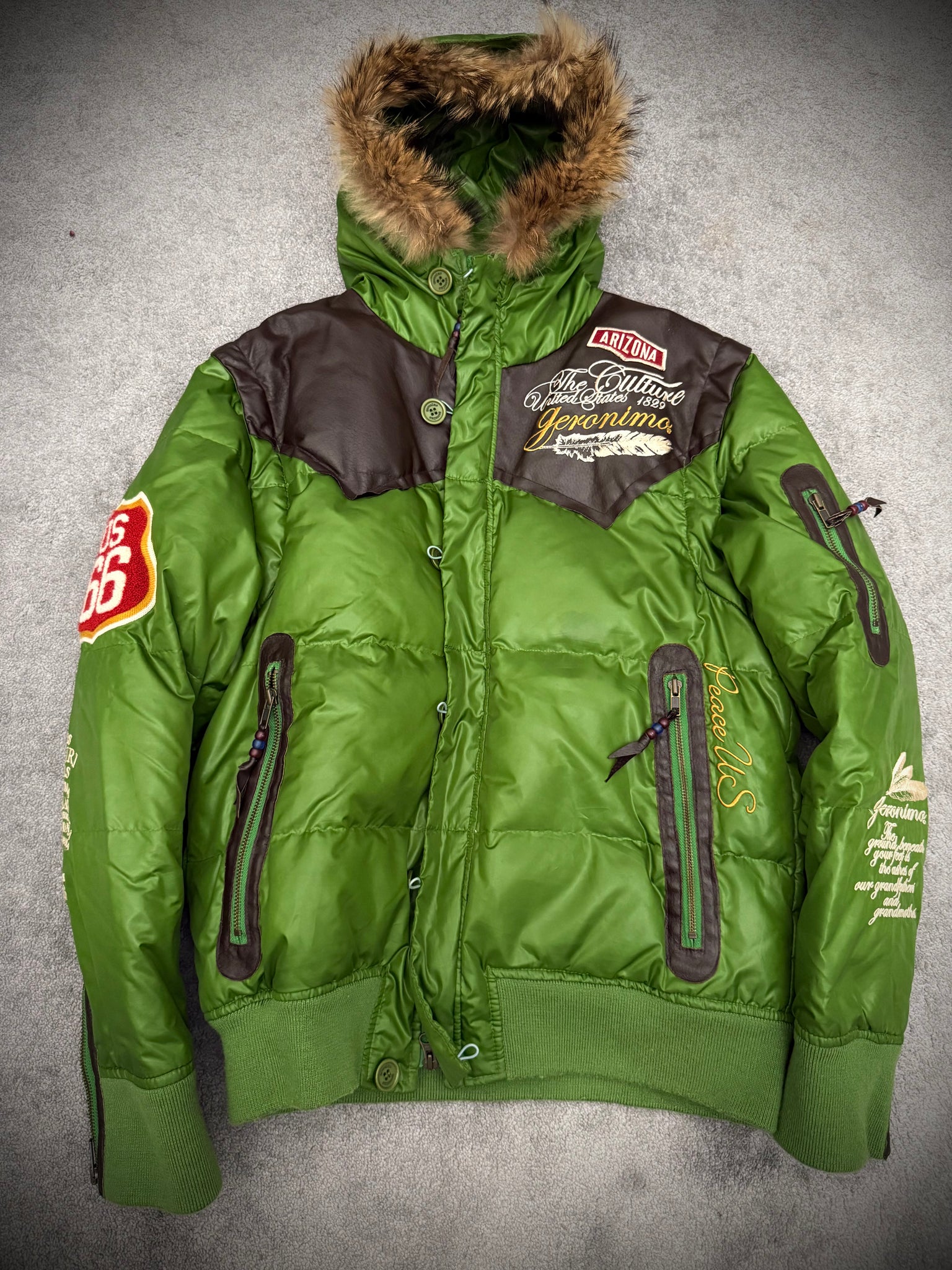 Geronimo convertible toxic leather hardware fur puffer jacket