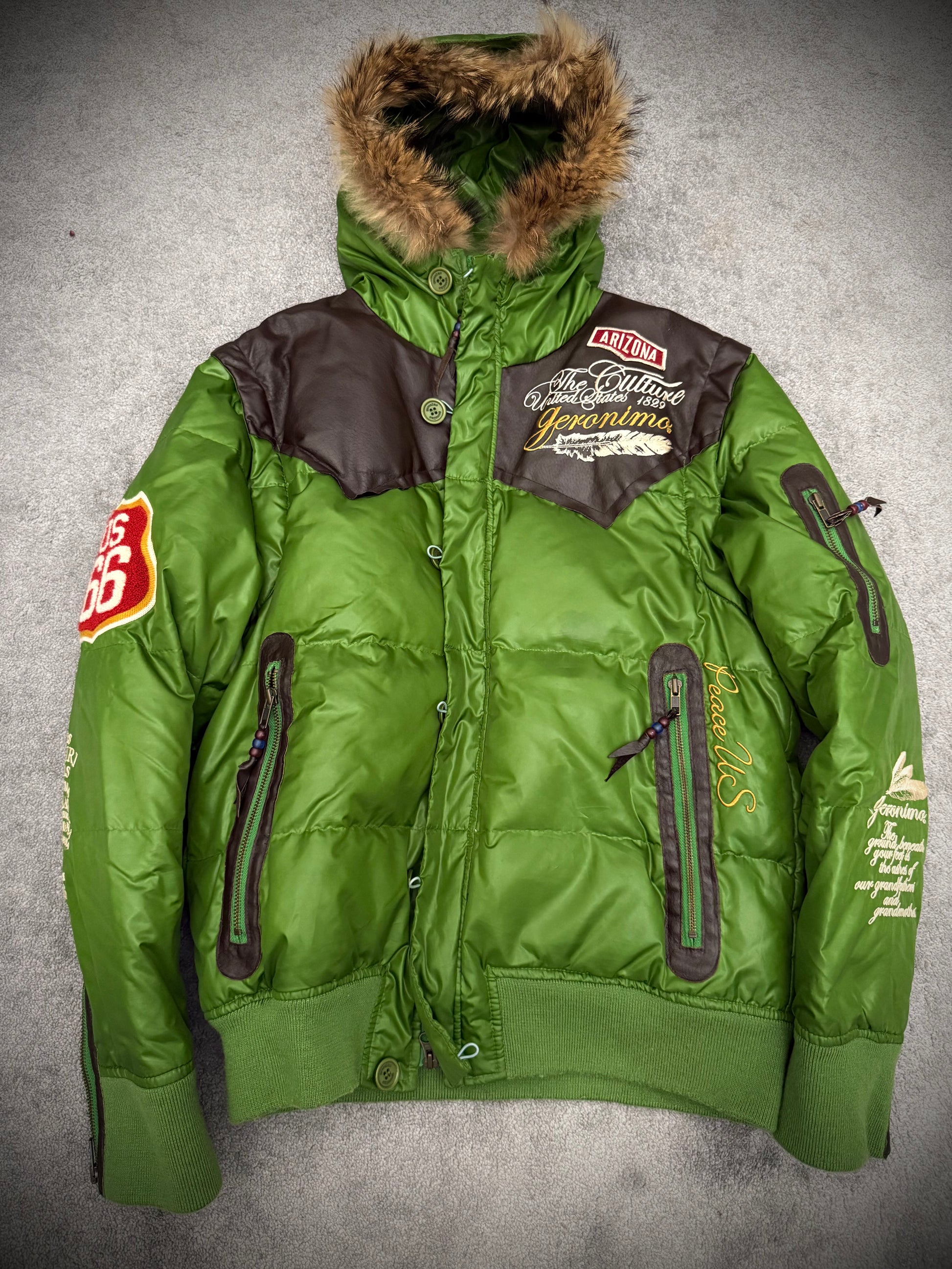 Geronimo convertible toxic leather hardware fur puffer jacket