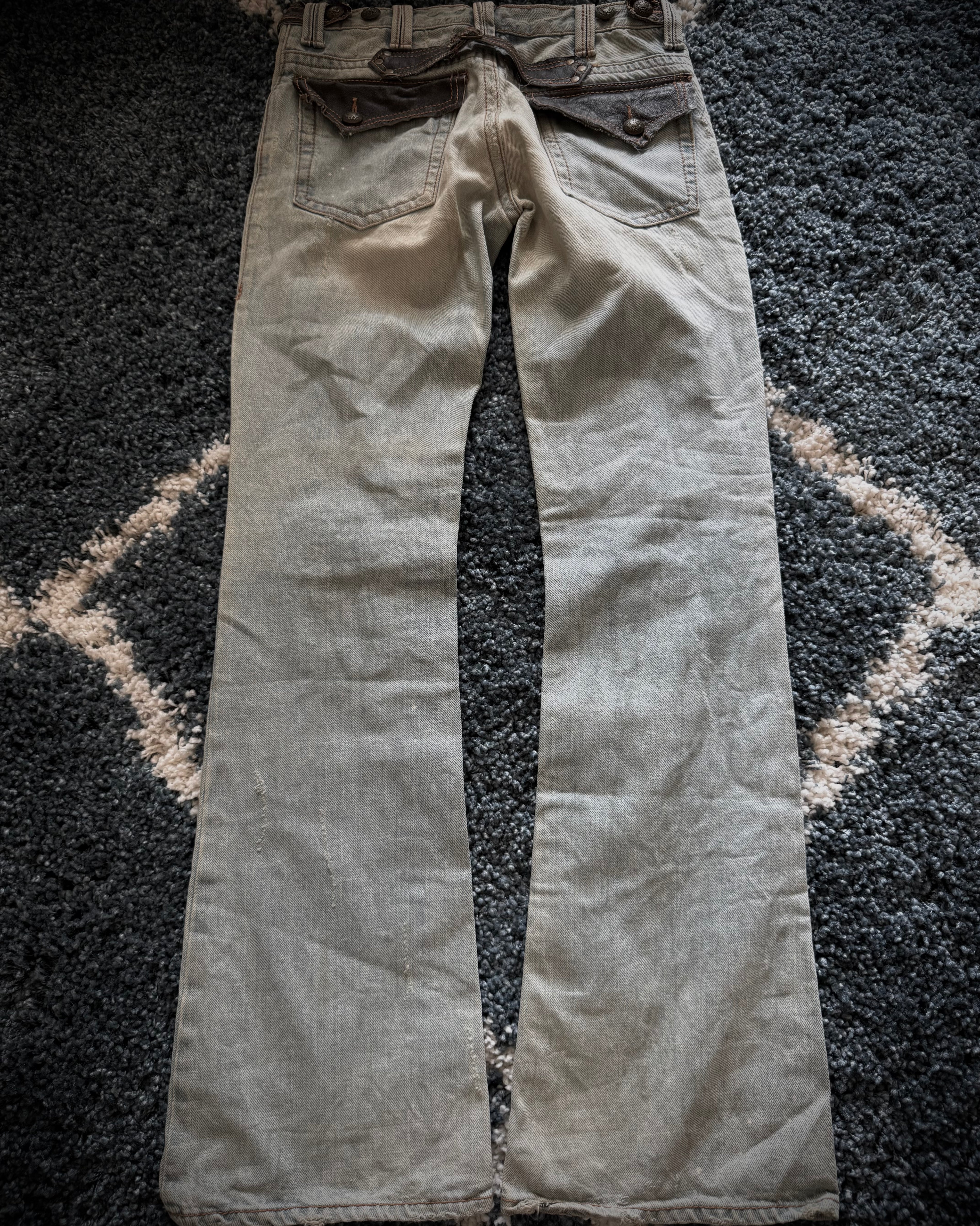 Kingsman leather detailed distressed flared denim