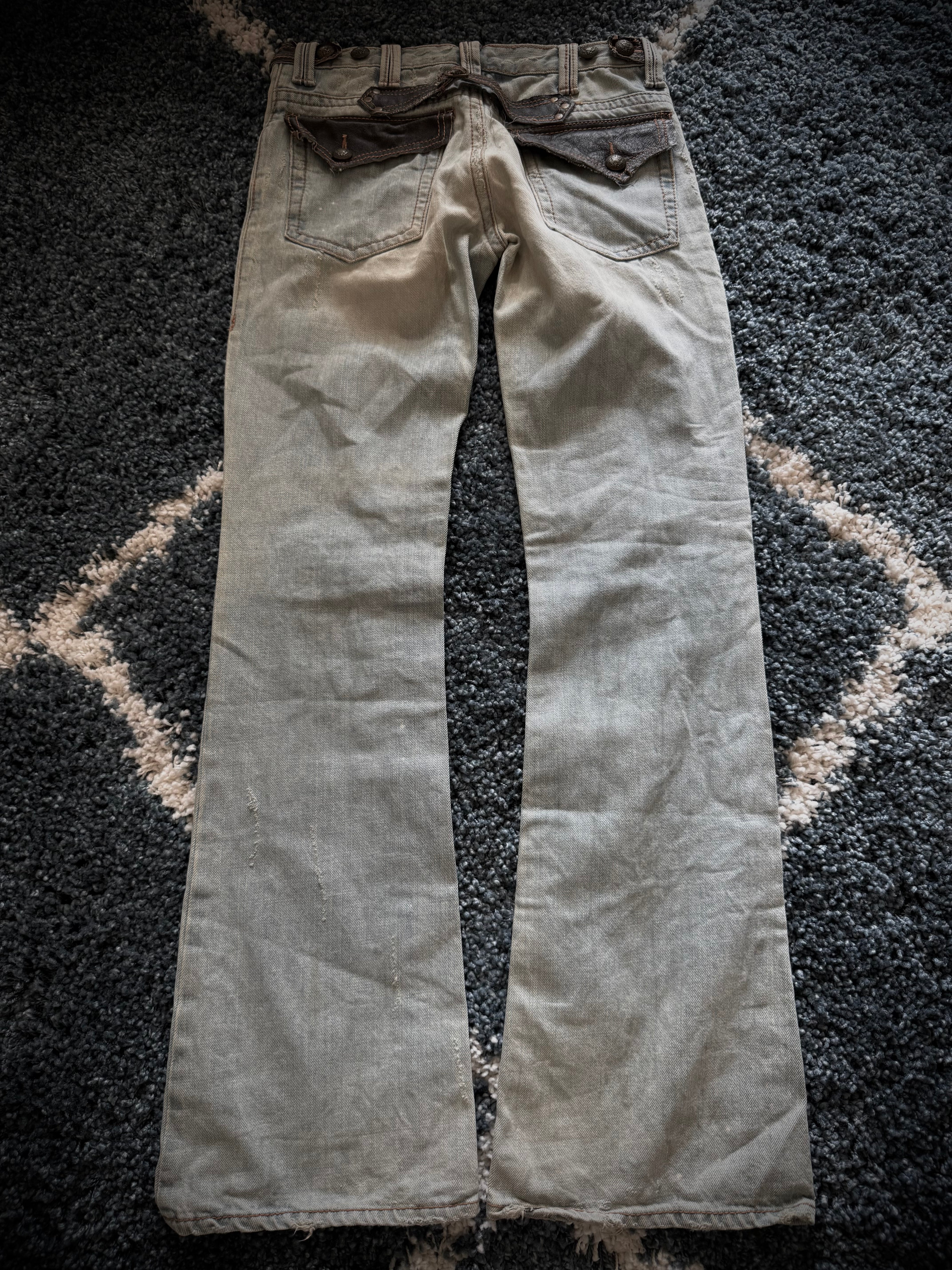 Kingsman leather detailed distressed flared denim