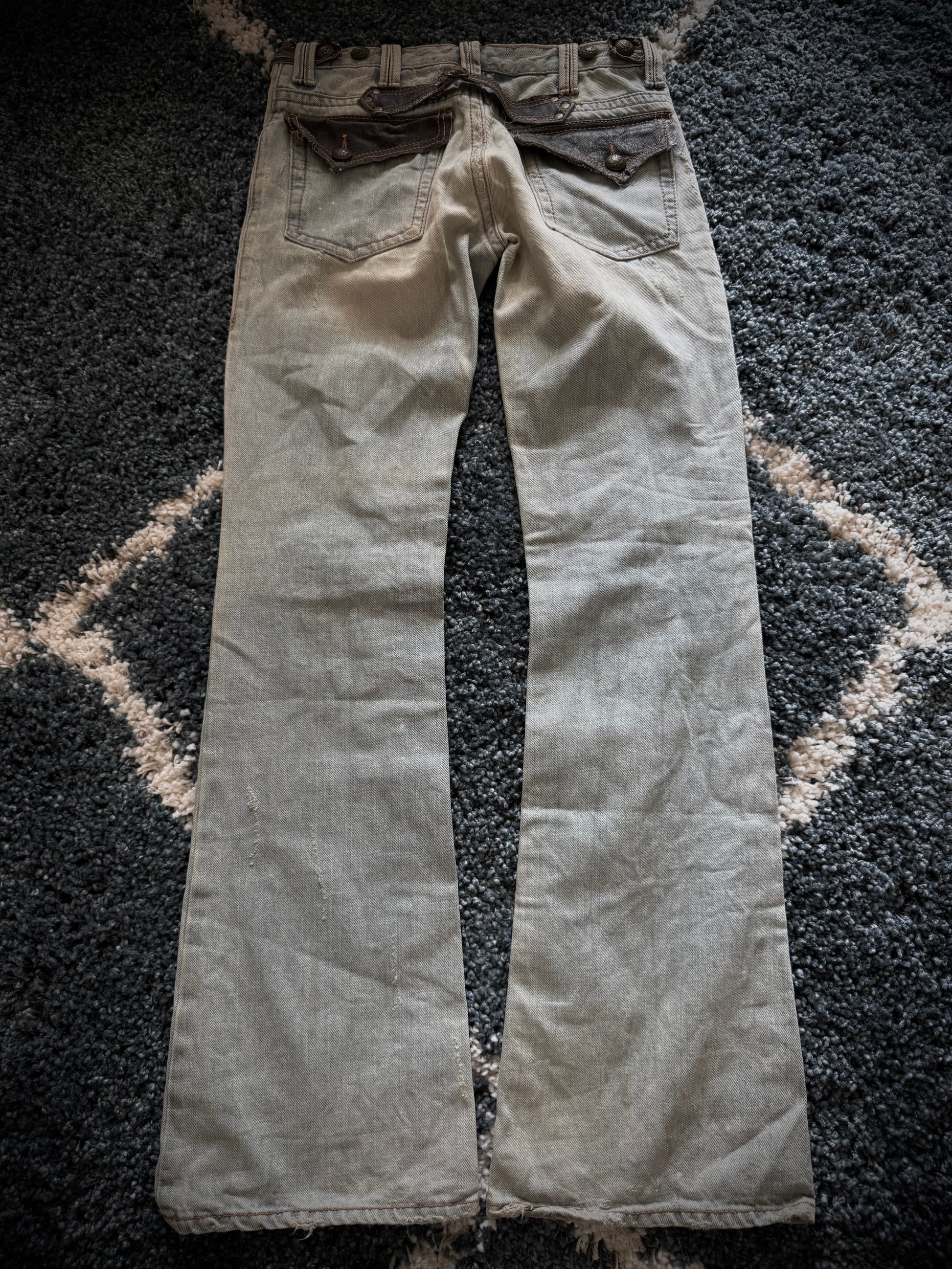 Kingsman leather detailed distressed flared denim