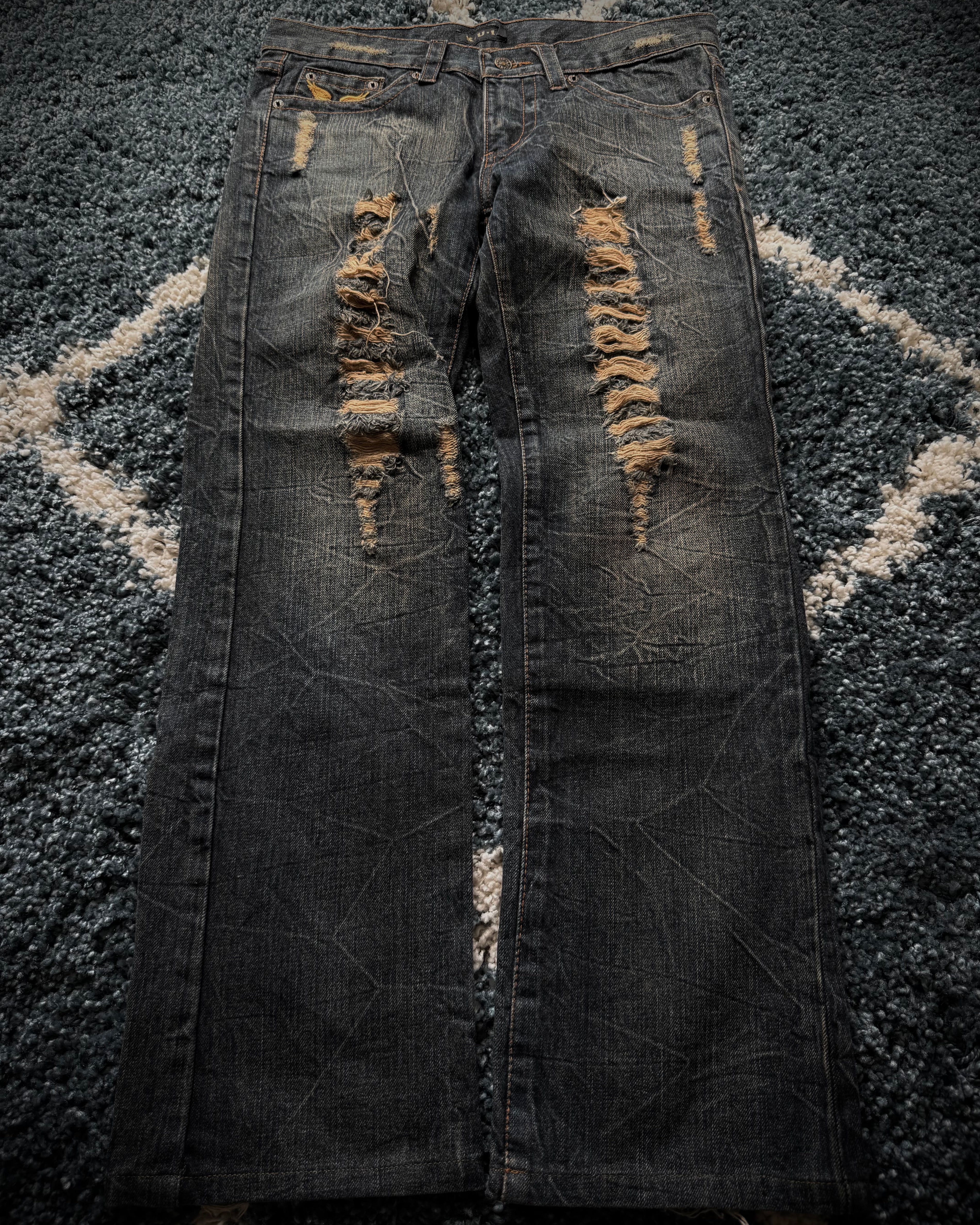 K.U.I Distressed honeycomb flared jeans
