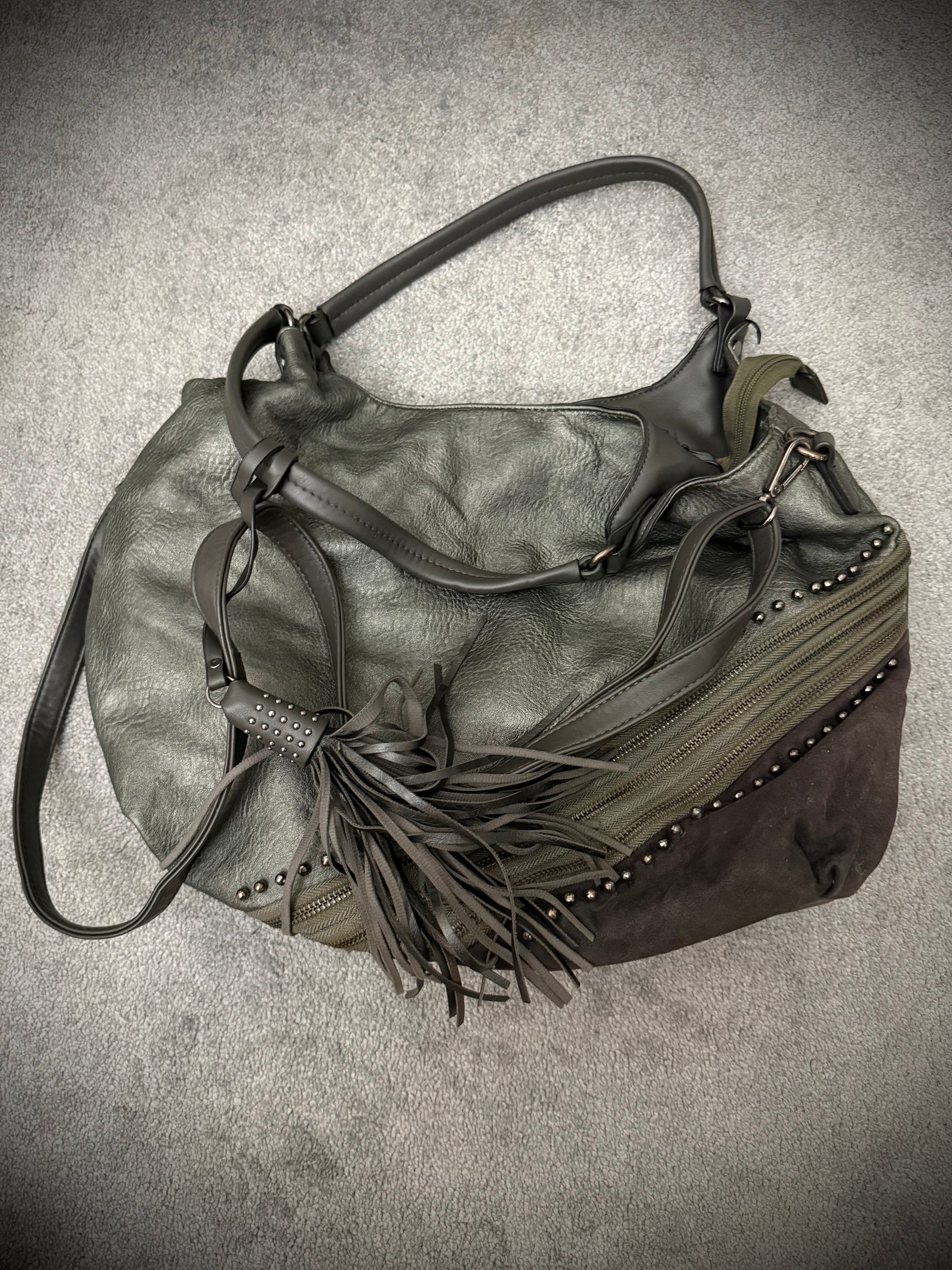 MUTANT tripple zipper studded tassels leather bag