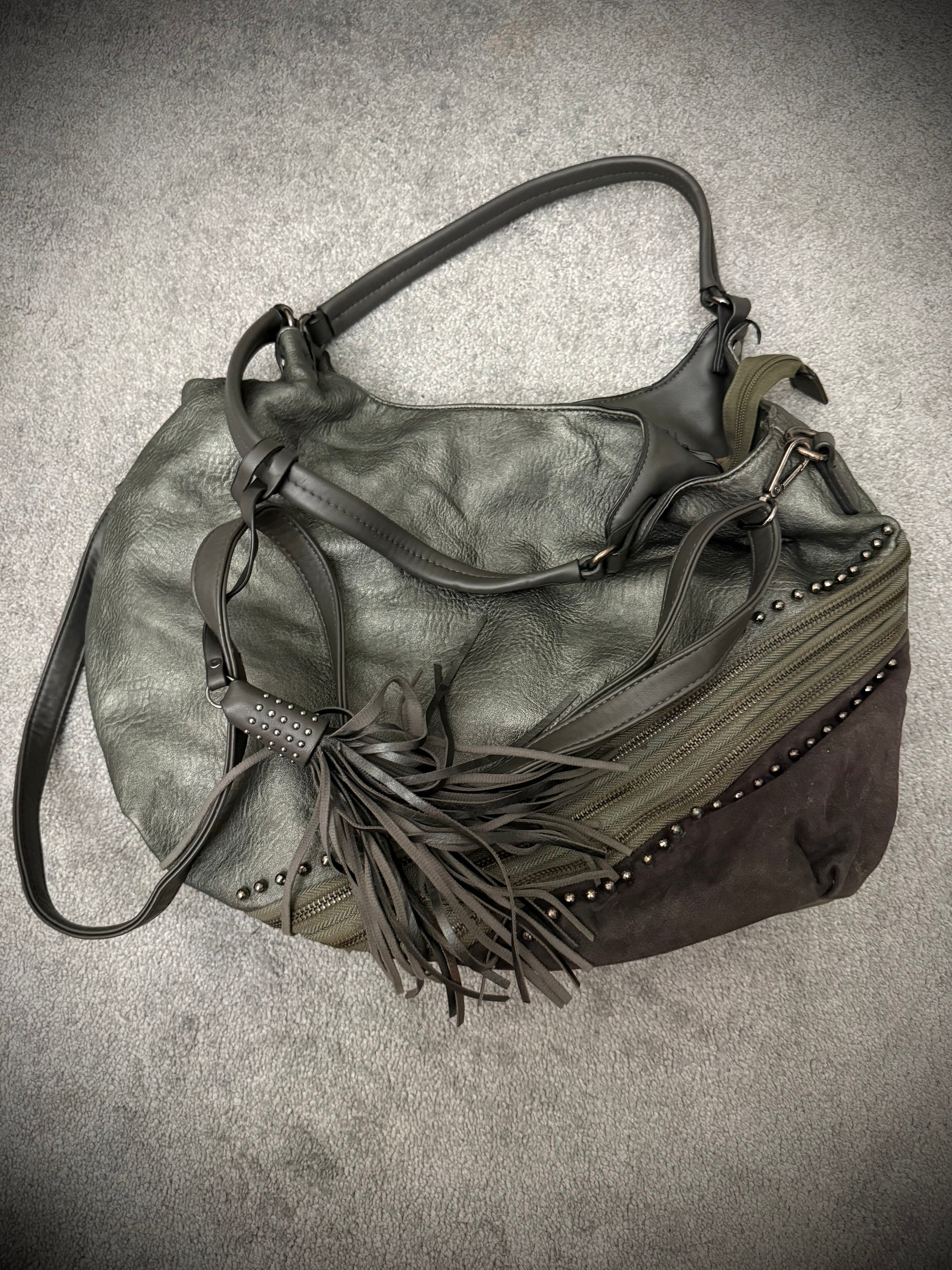 MUTANT tripple zipper studded tassels leather bag