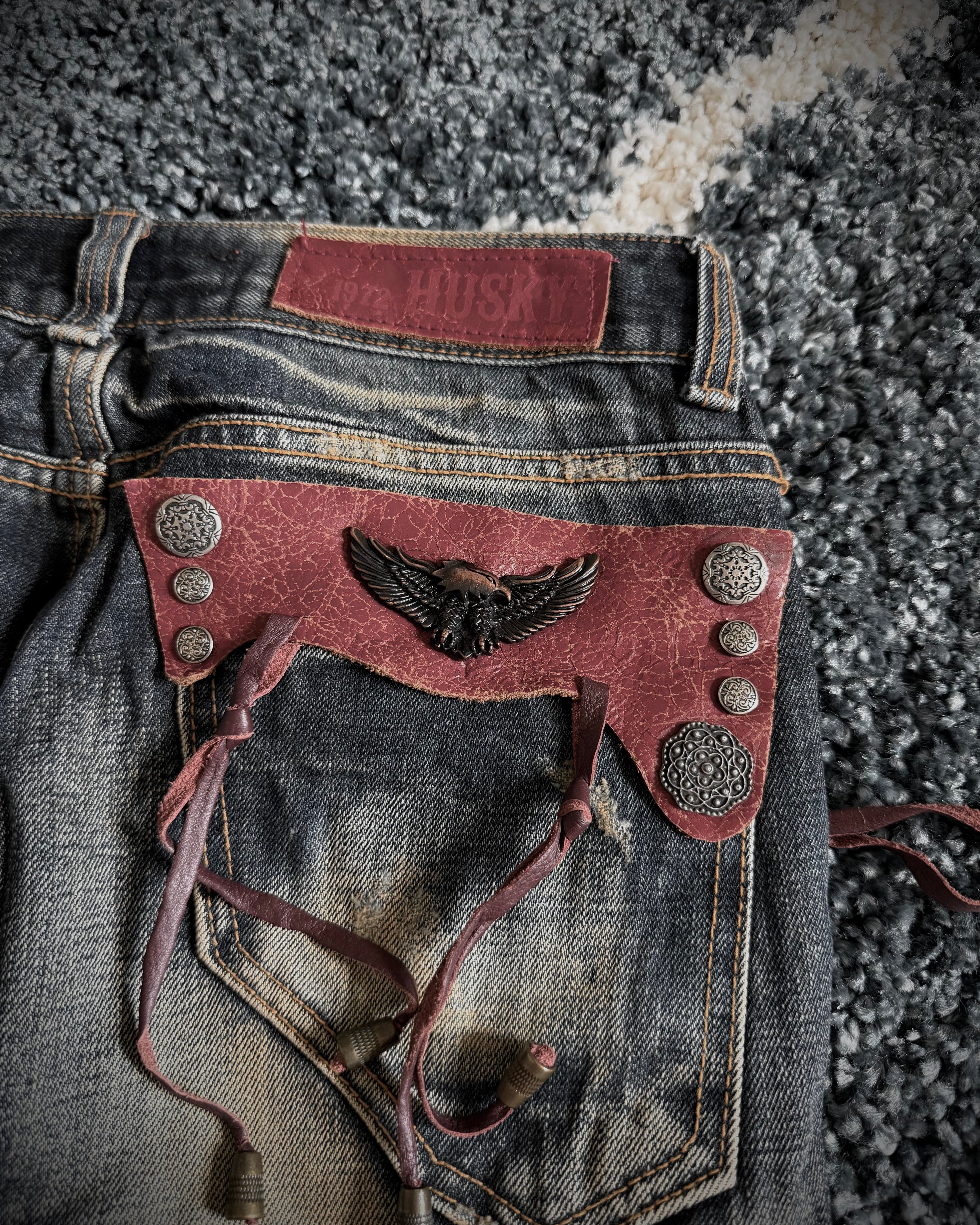 Husky Leather Details & Distressed Flared Denim