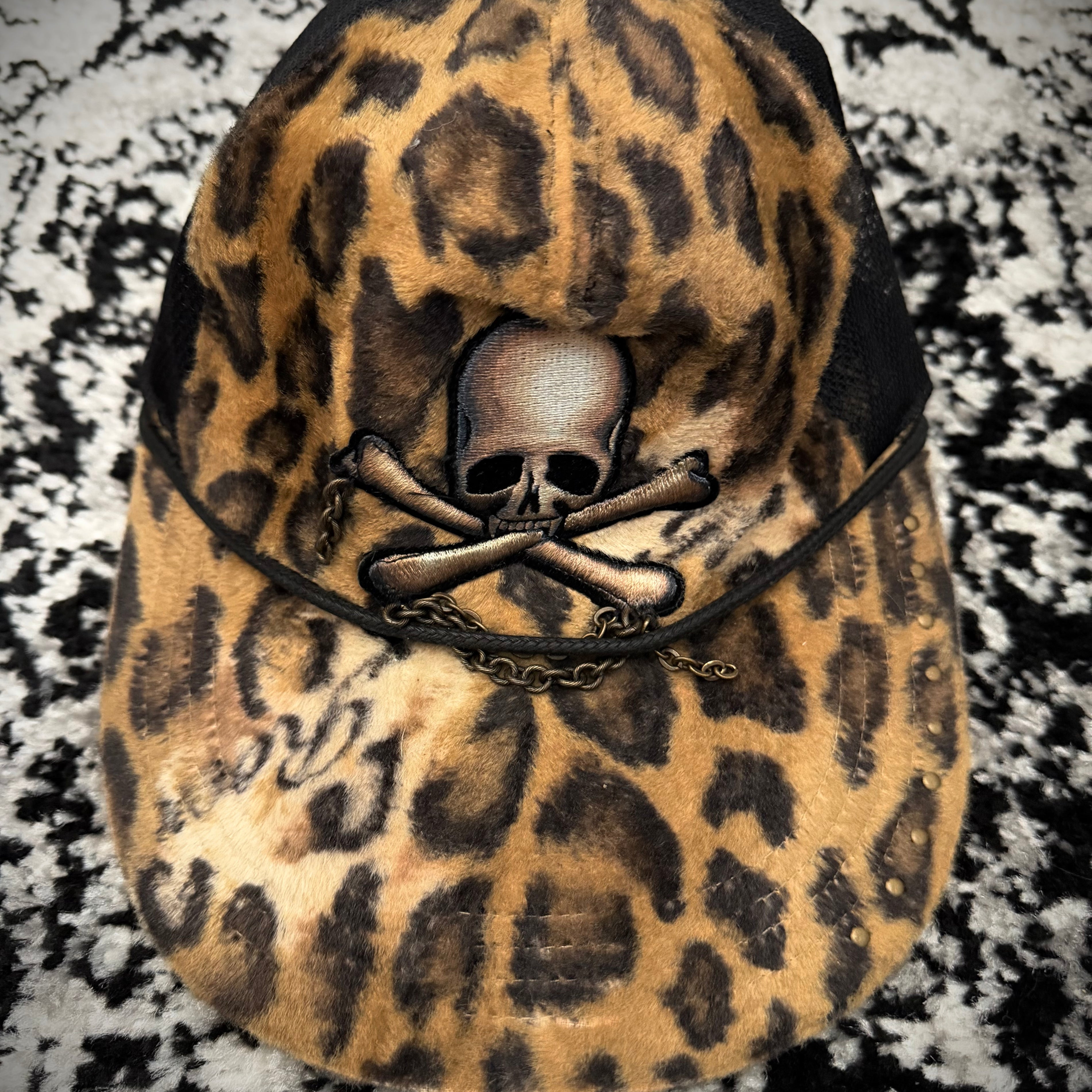 Roen Chained Leopard Fur Trucker Cap