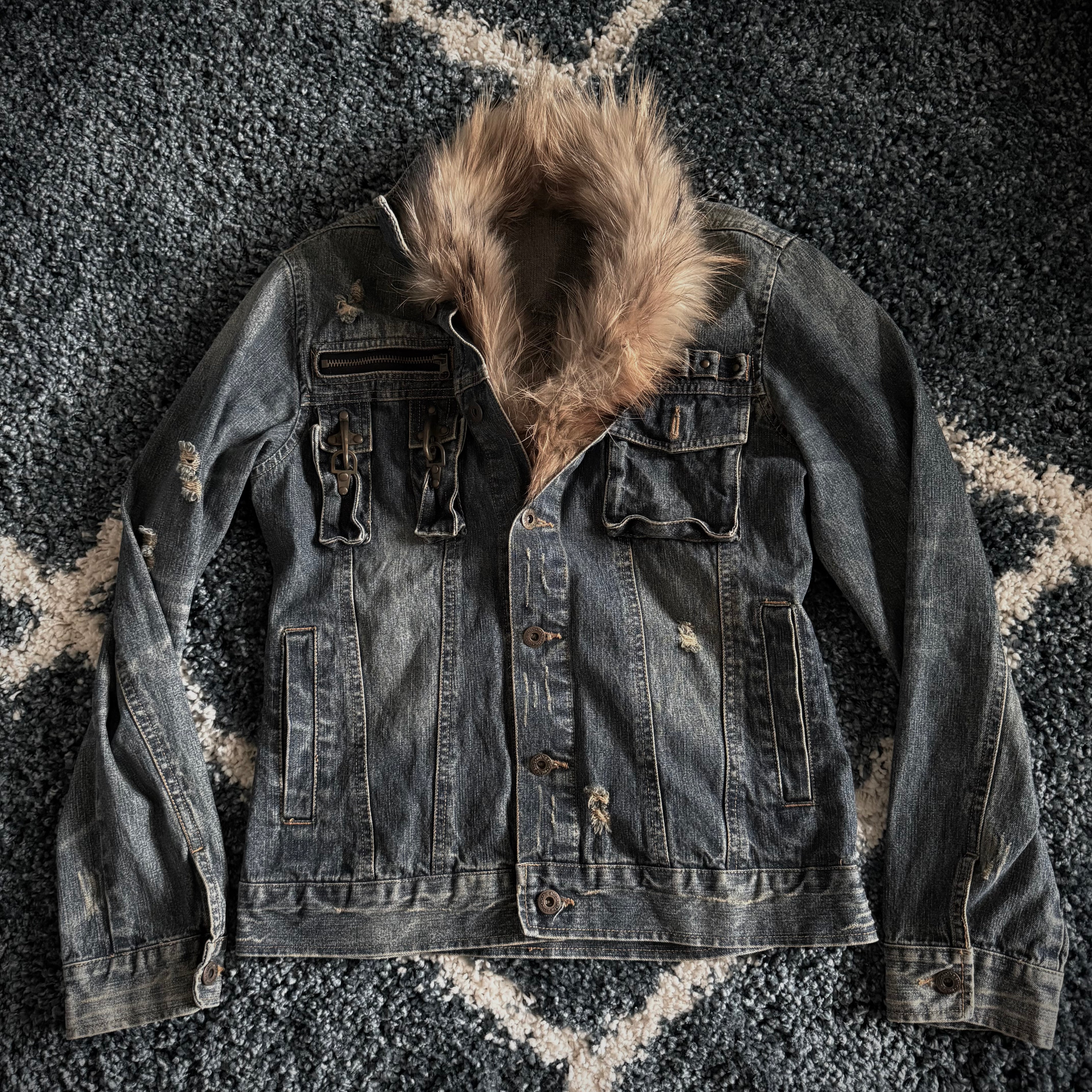 In the attic distressed fur jacket