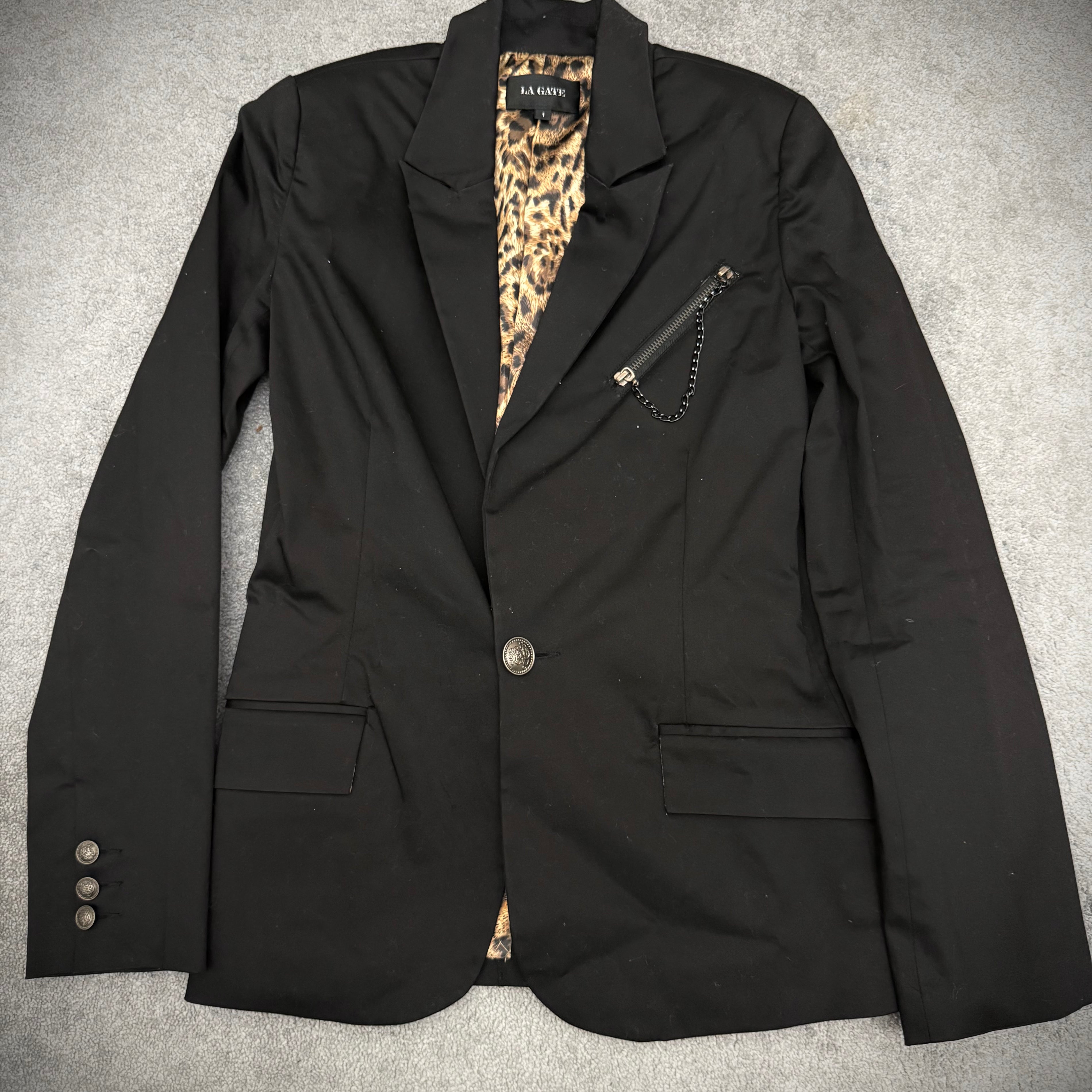 La Gate Leopard Padded shoulders chained Blazer