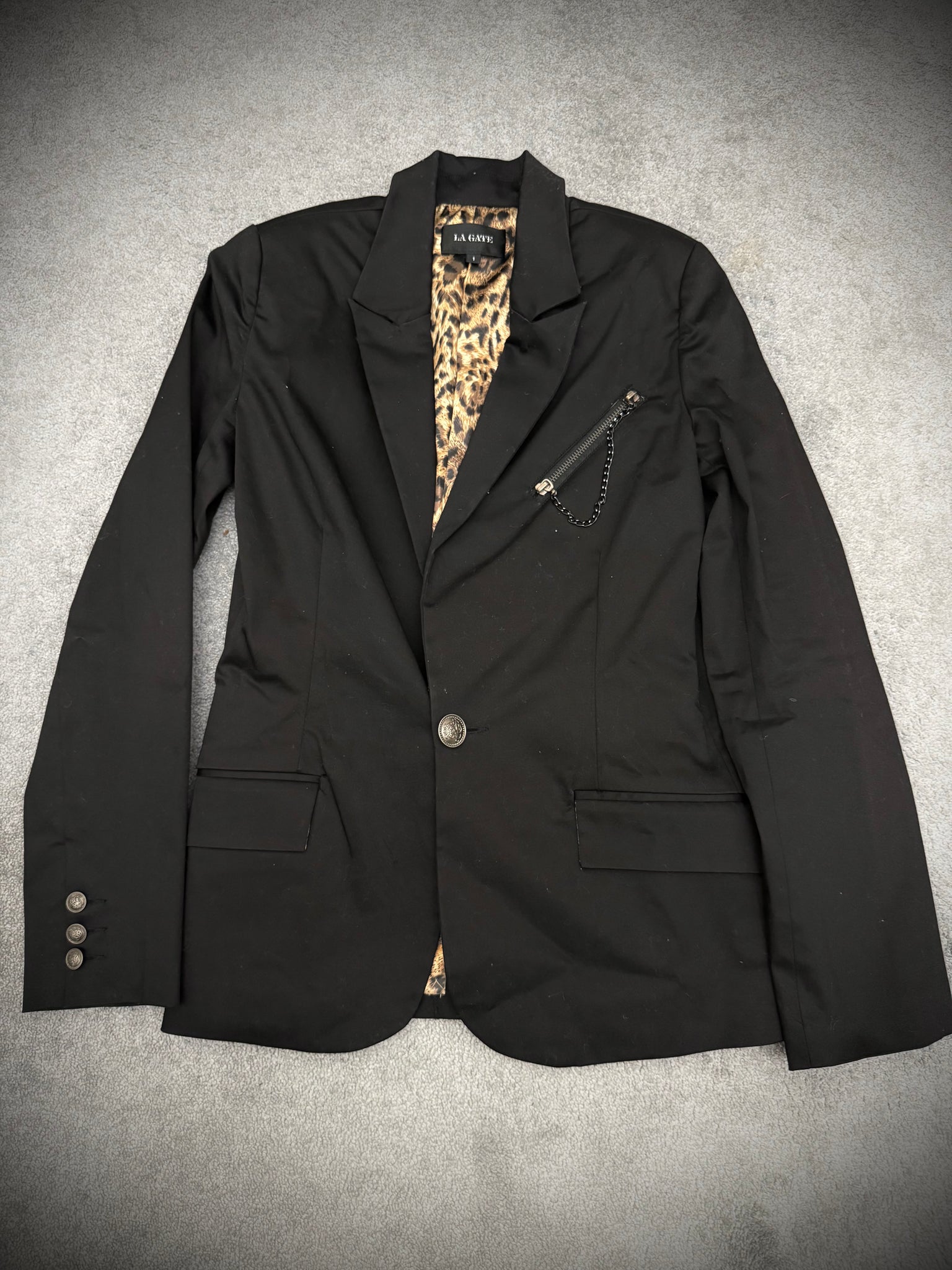La Gate Leopard Padded shoulders chained Blazer