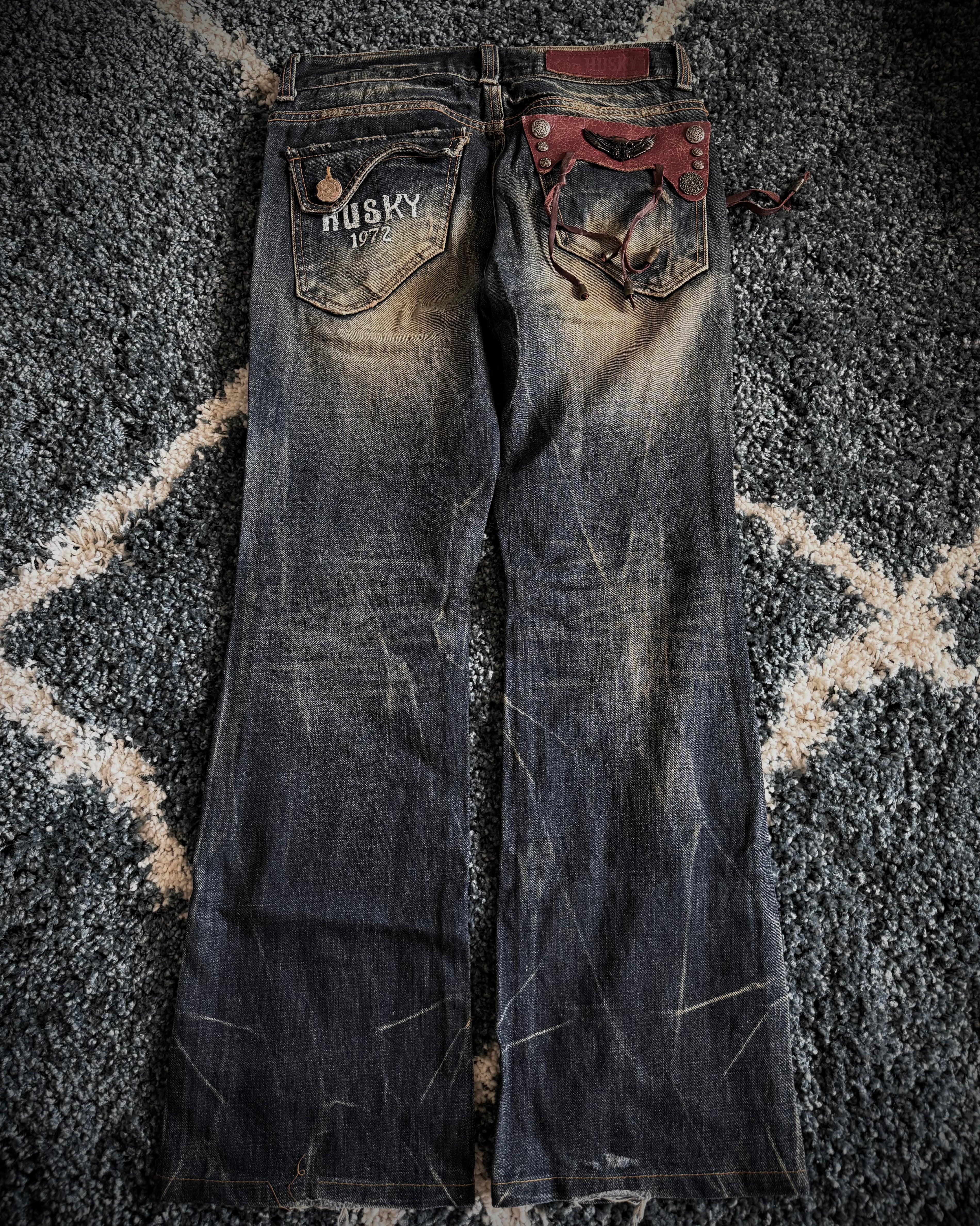 Husky Leather Details & Distressed Flared Denim