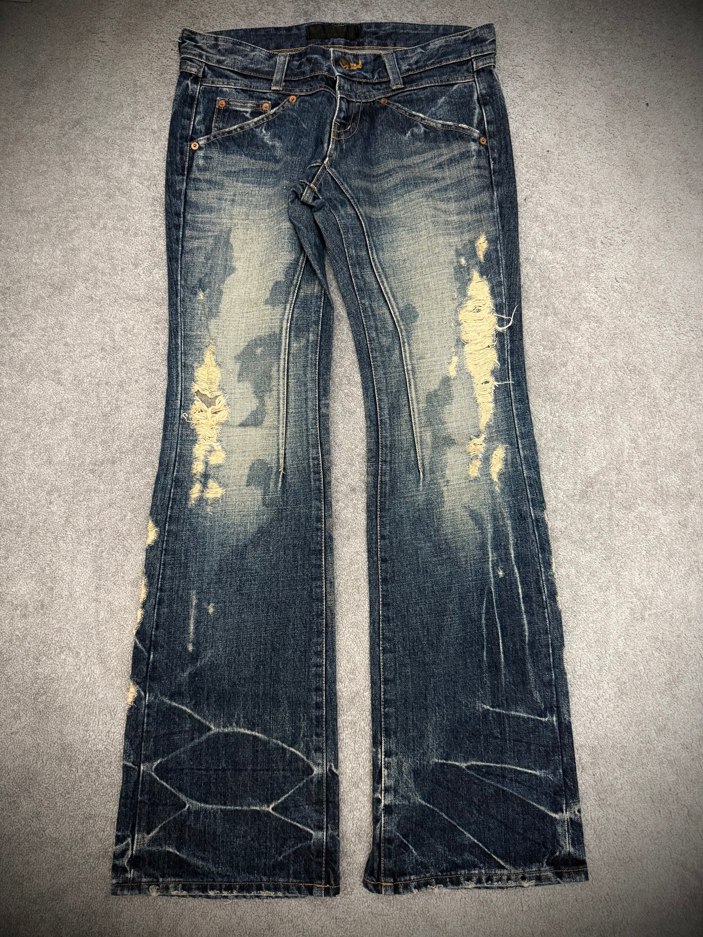 Jack Rose x Luv Maison Distressed splattered whisker portal flared denim