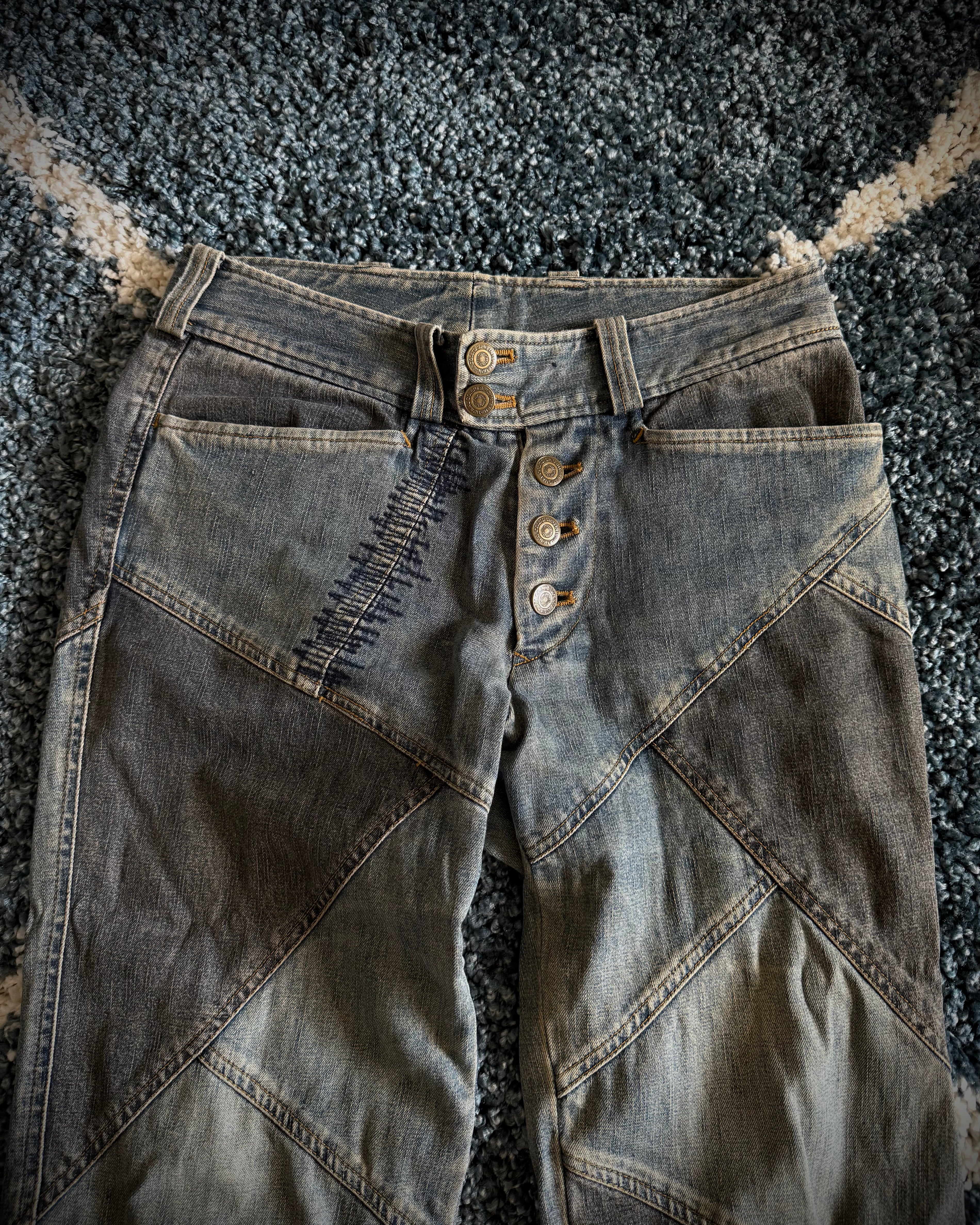 Tornado Mart Scar Stitched Patchwork Flared Denim