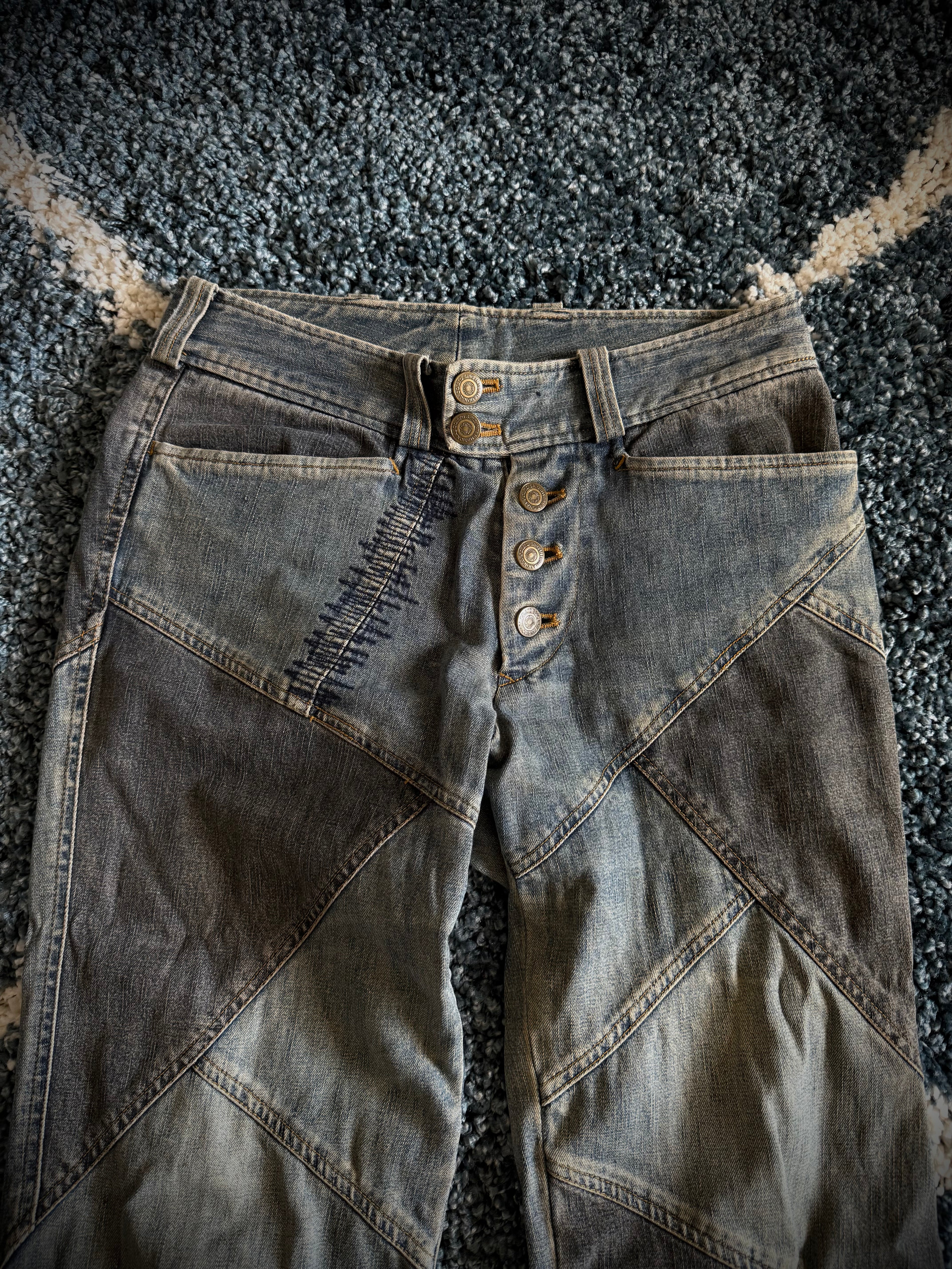 Tornado Mart Scar Stitched Patchwork Flared Denim