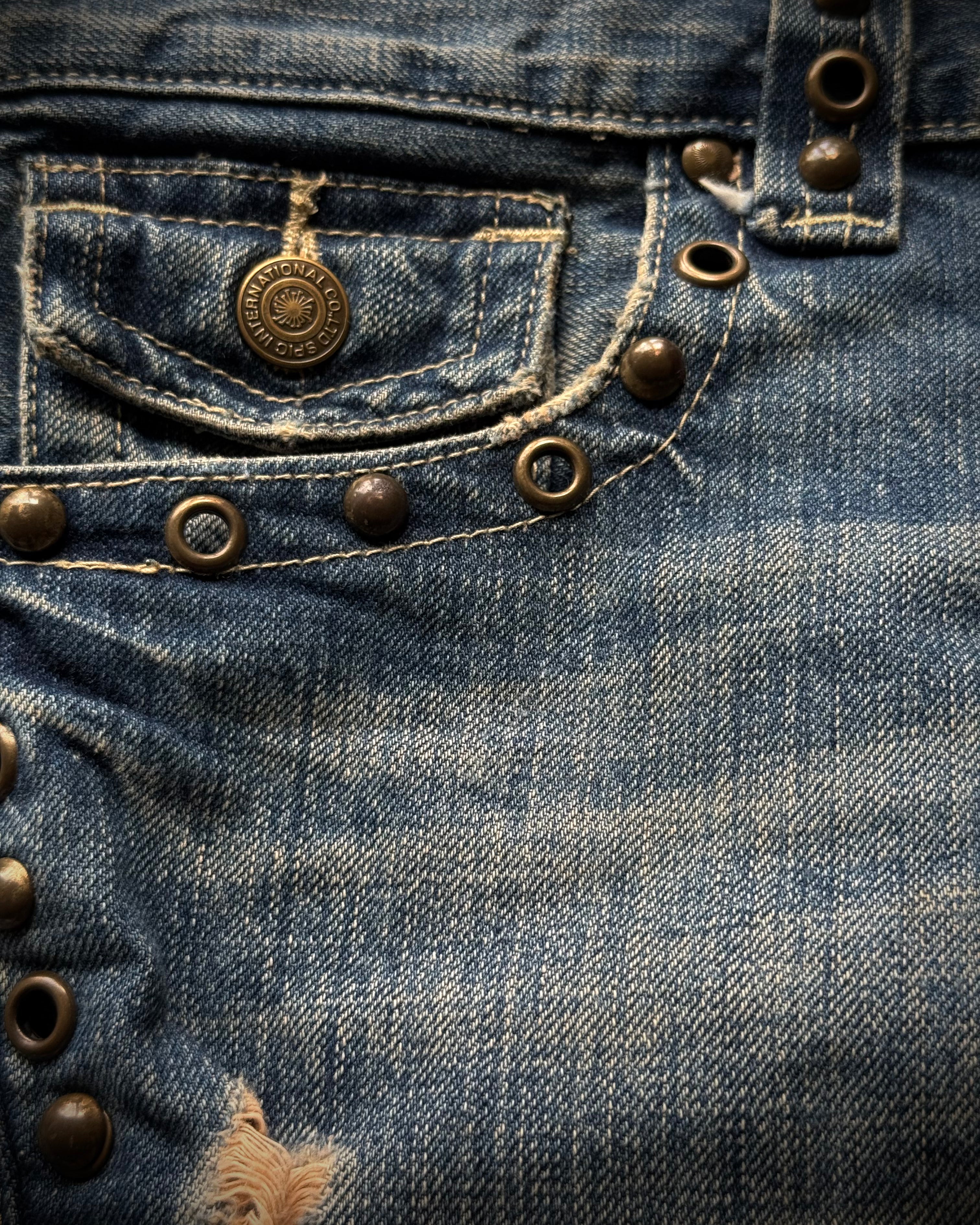 Tornado Mart spiral studded distressed flared jeans