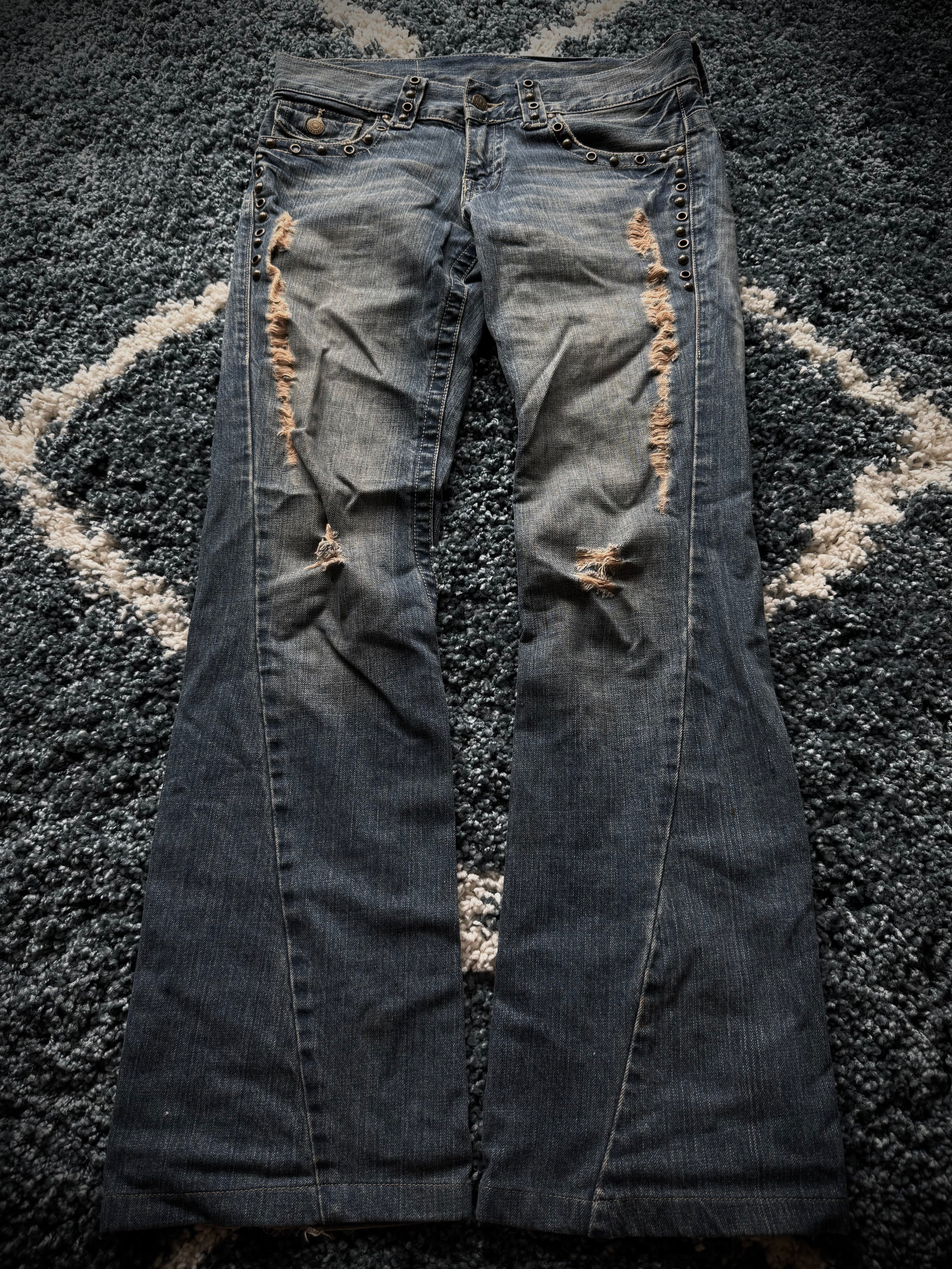 Tornado Mart spiral studded distressed flared jeans