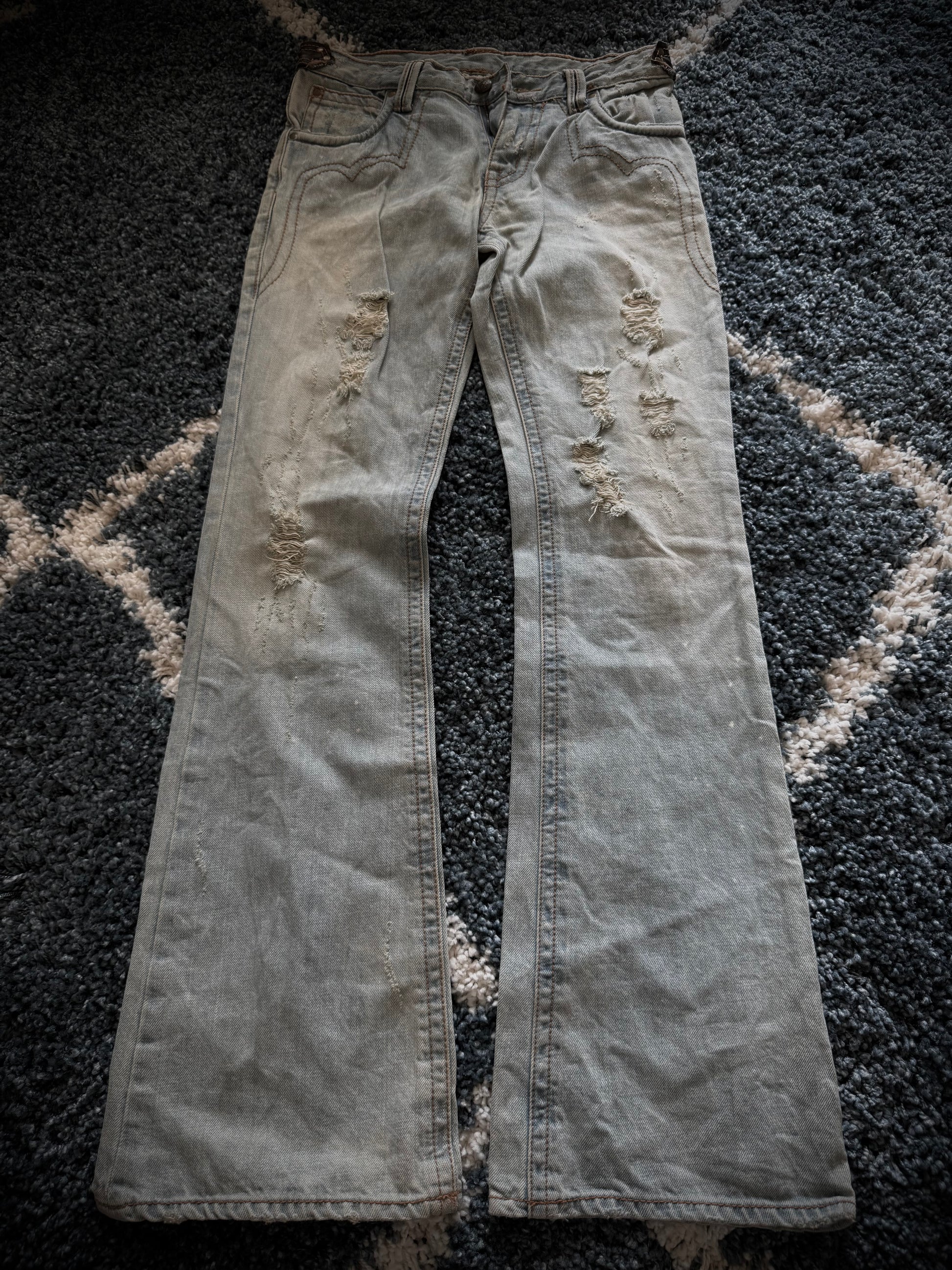Kingsman leather detailed distressed flared denim