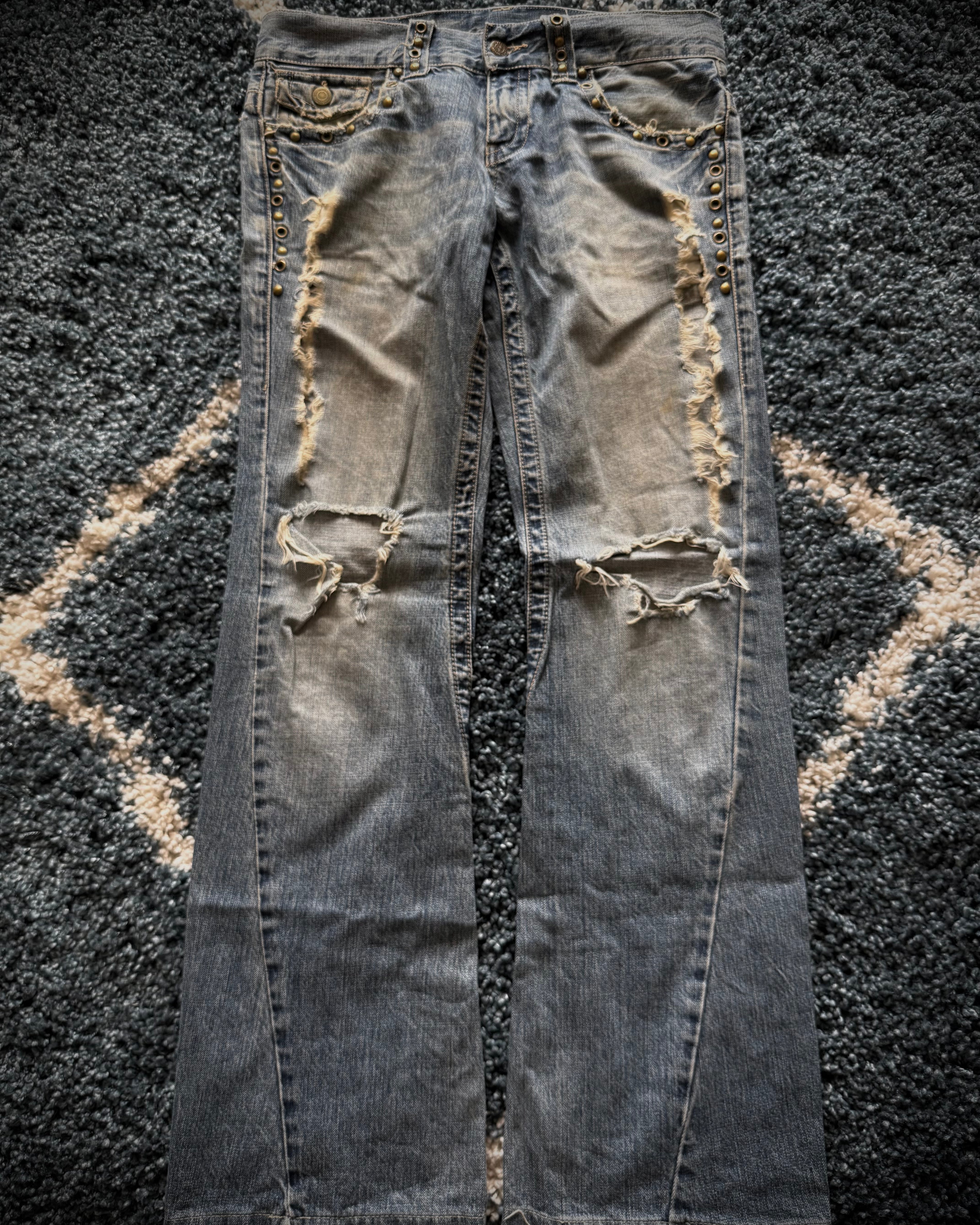 Tornado Mart spiral distressed studded flared denim