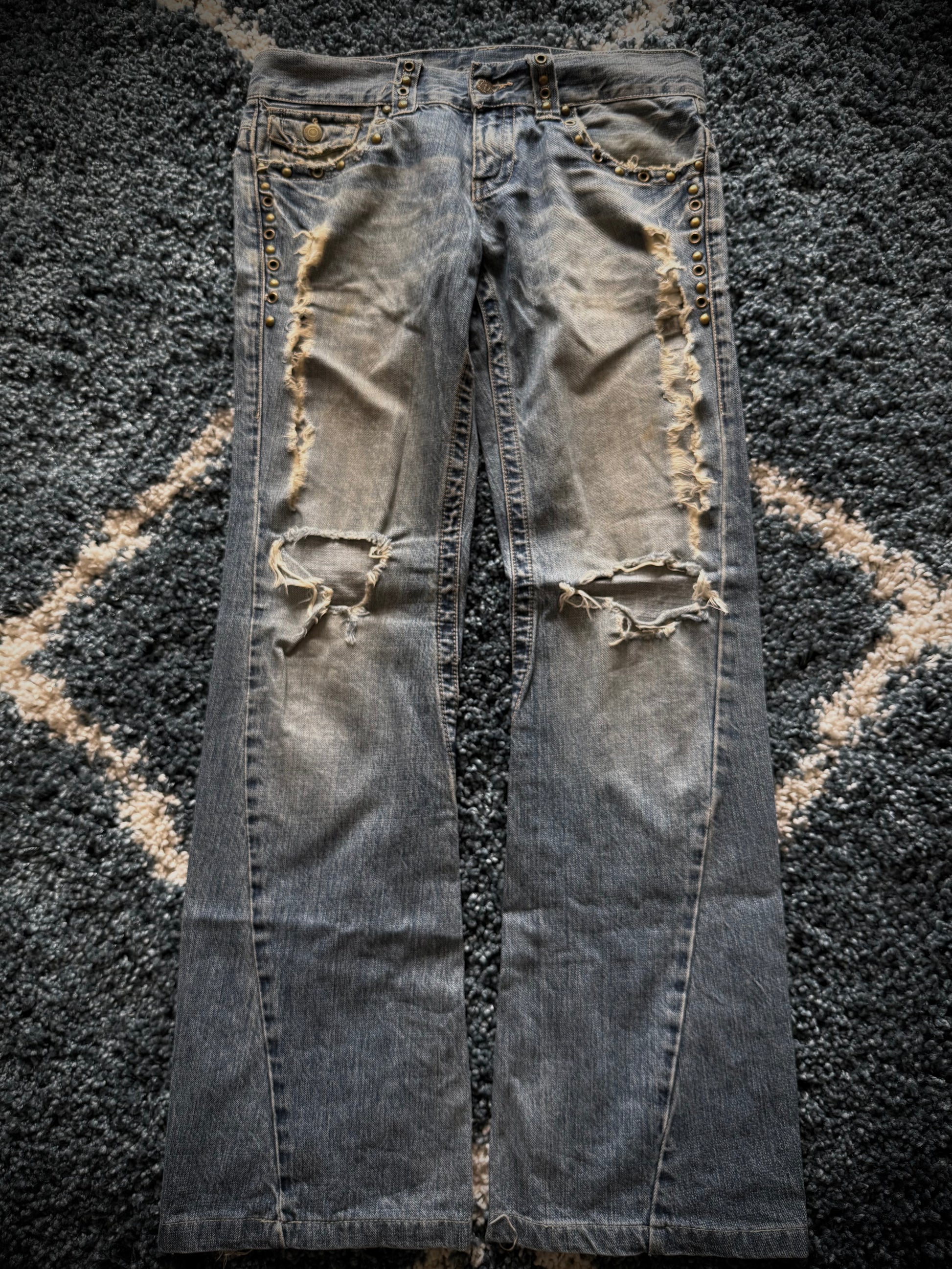 Tornado Mart spiral distressed studded flared denim
