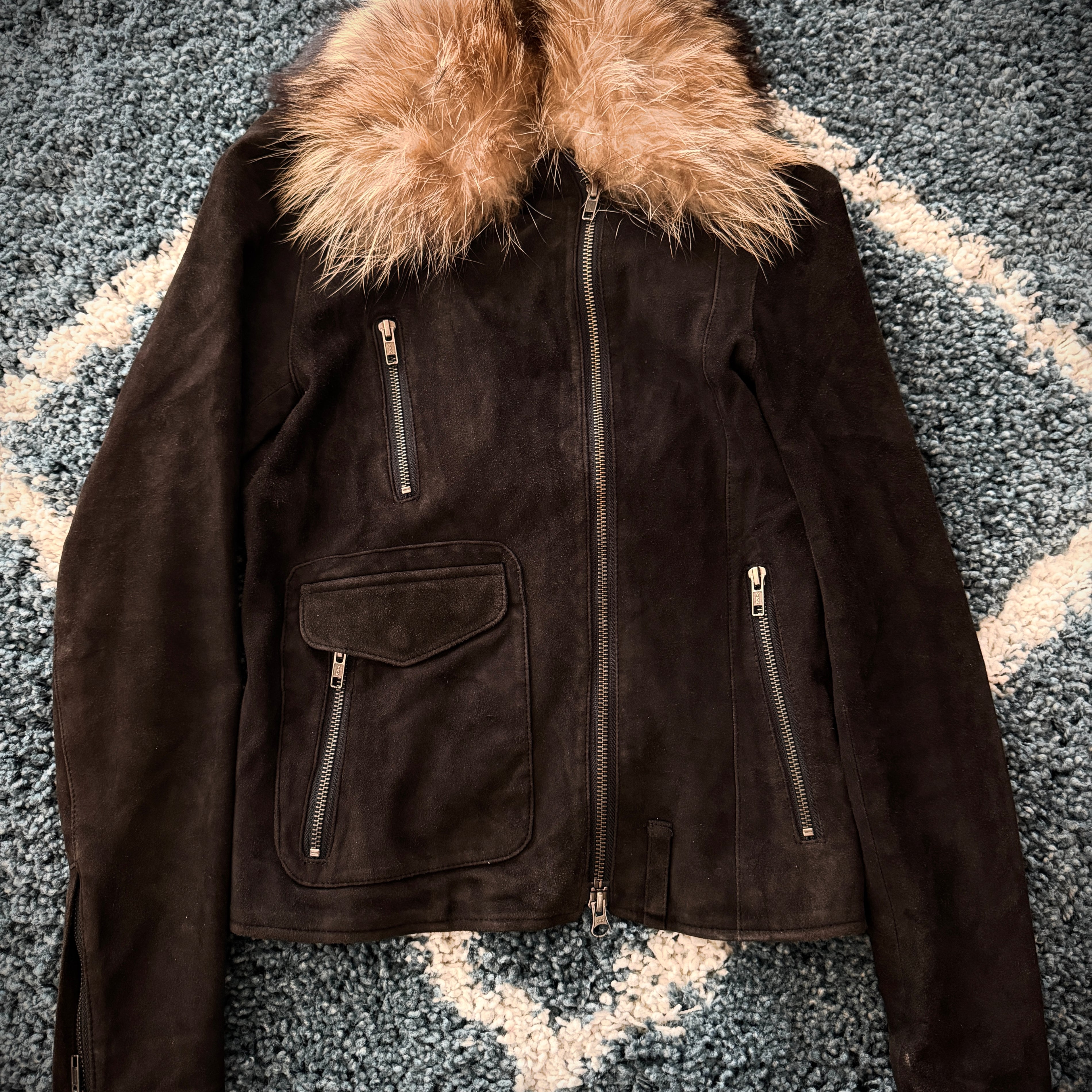 Luca Tram Detachable Fox Fur Double Rider Suede Jacket
