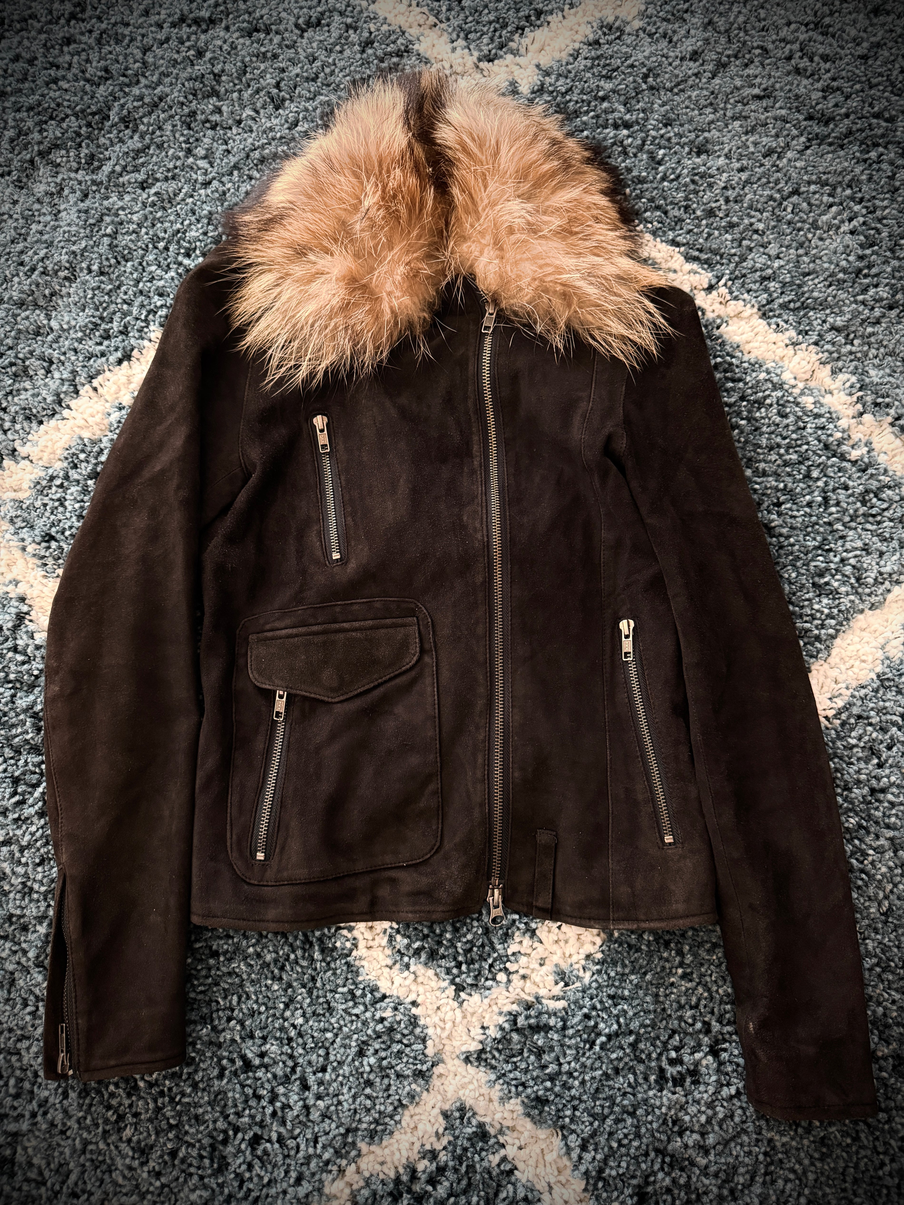 Luca Tram Detachable Fox Fur Double Rider Suede Jacket