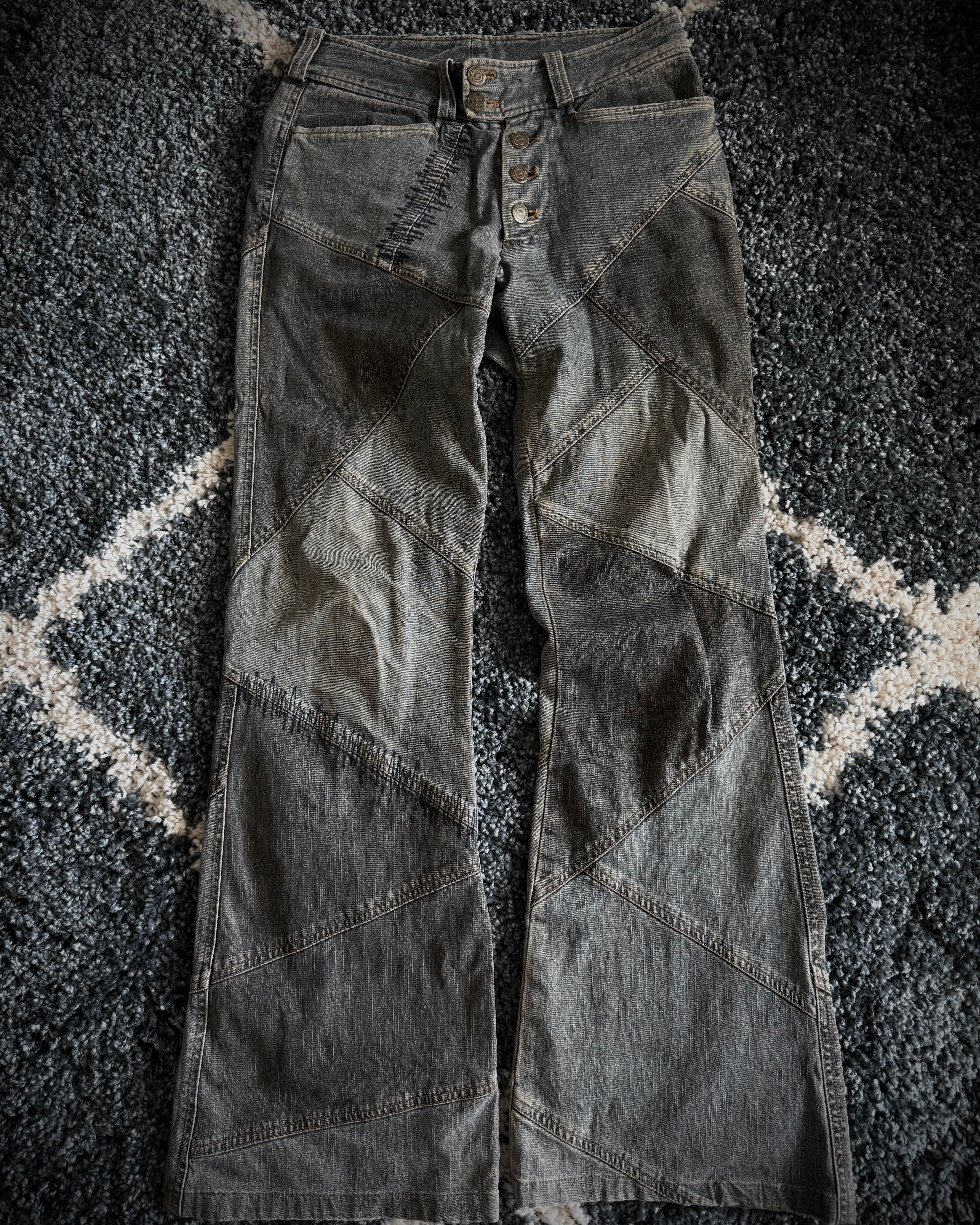 Tornado Mart Scar Stitched Patchwork Flared Denim