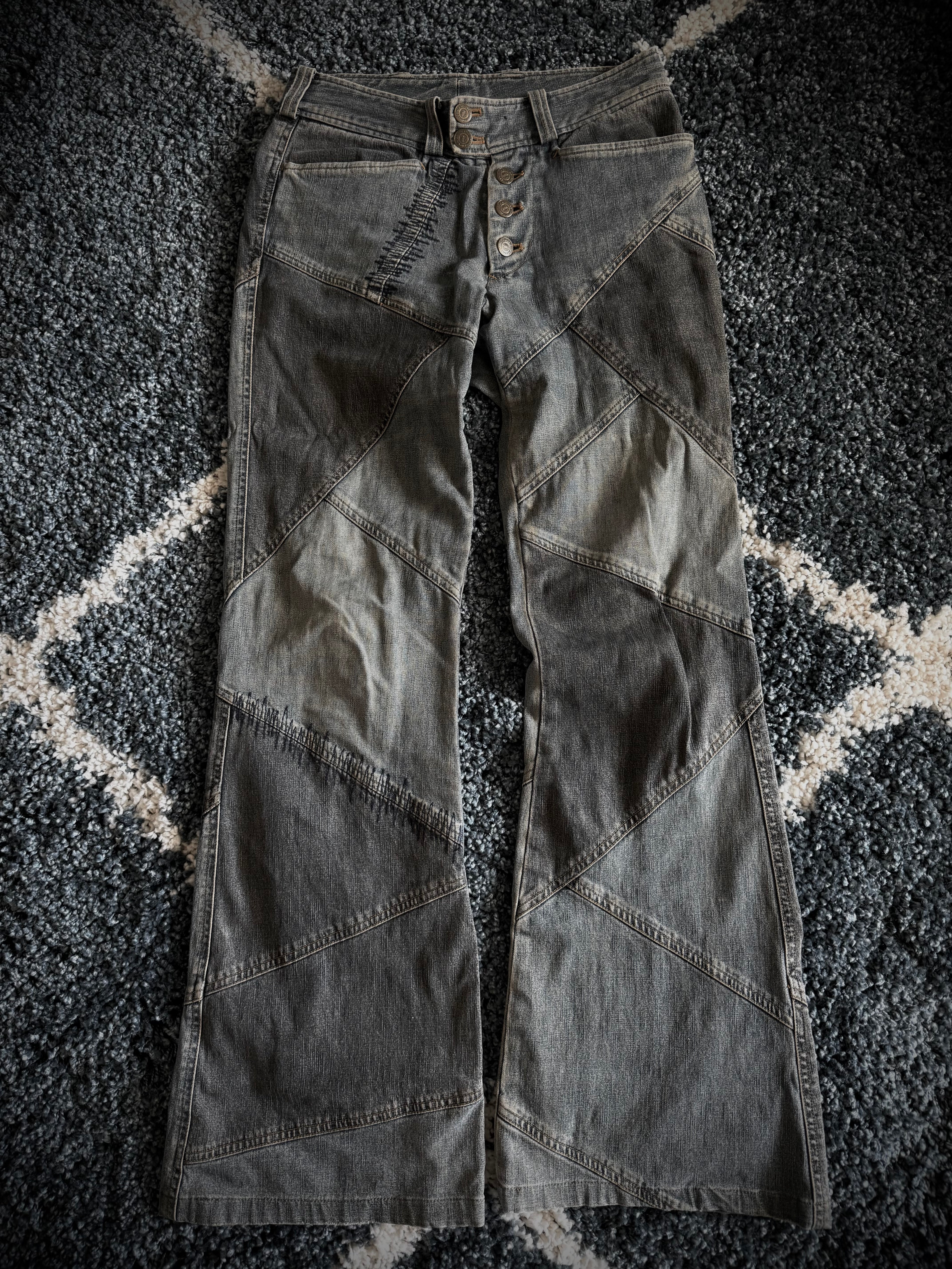 Tornado Mart Scar Stitched Patchwork Flared Denim