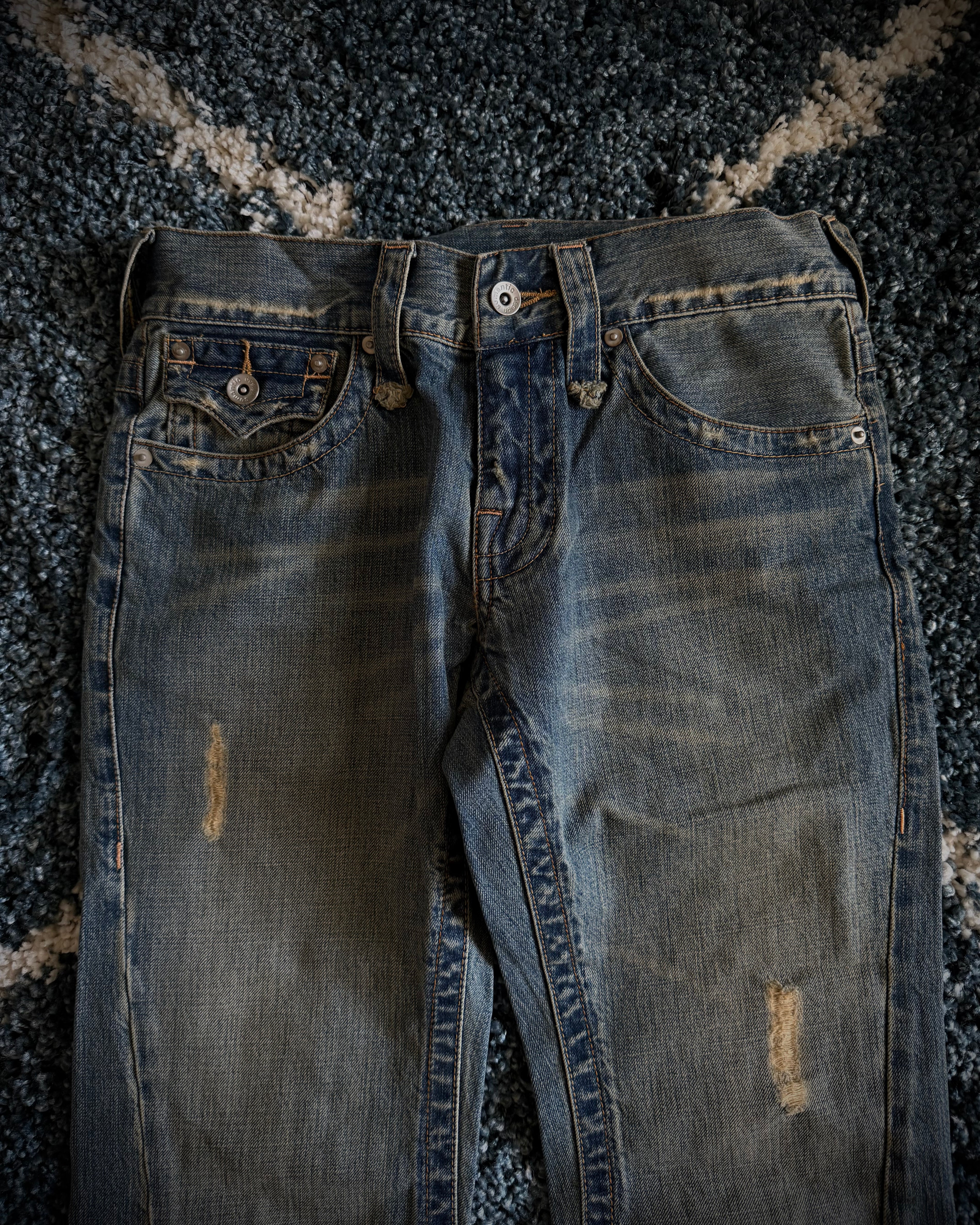 Semantic Design Distressed Flared Denim