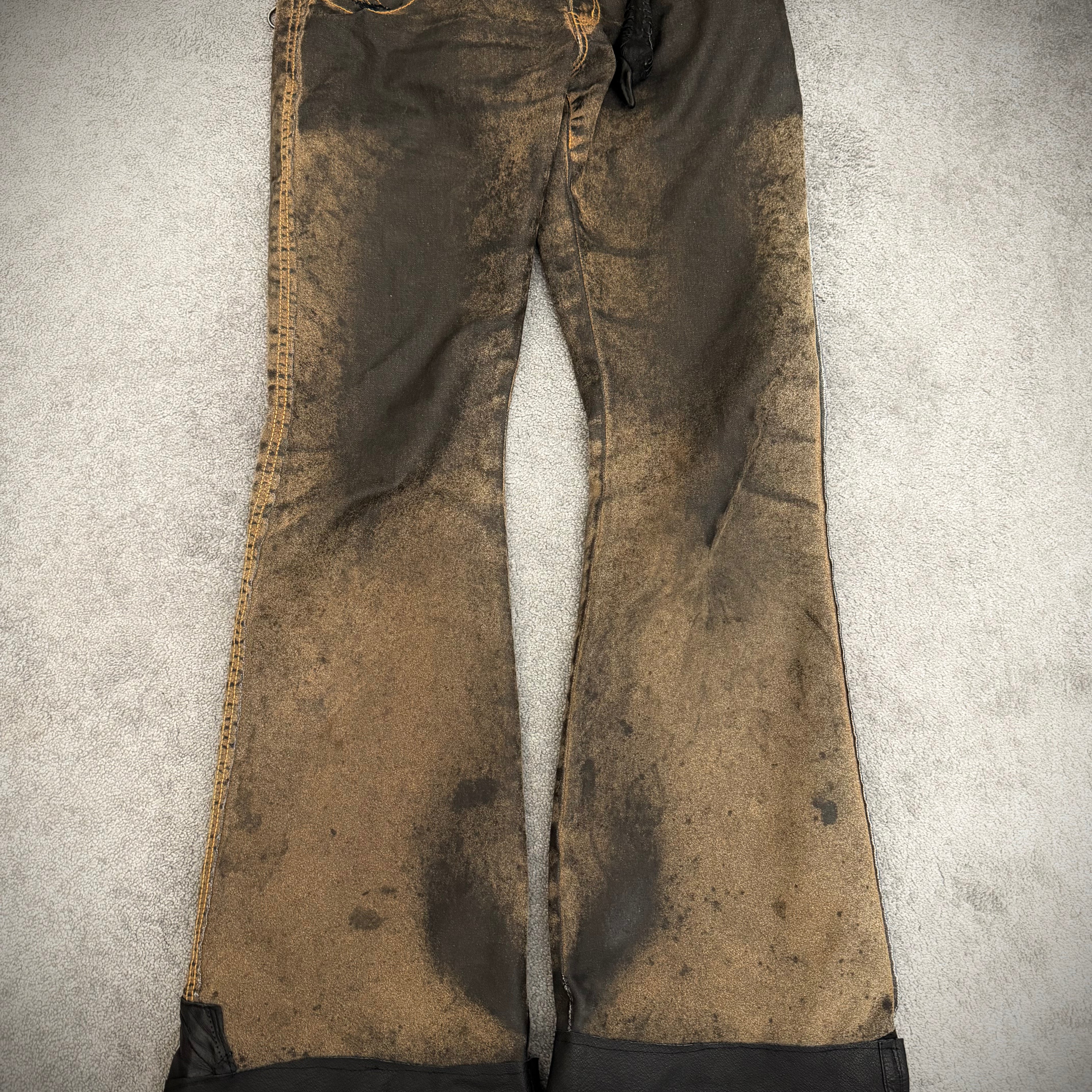 Obelisk Waxed Leather Detailed Flared Pants