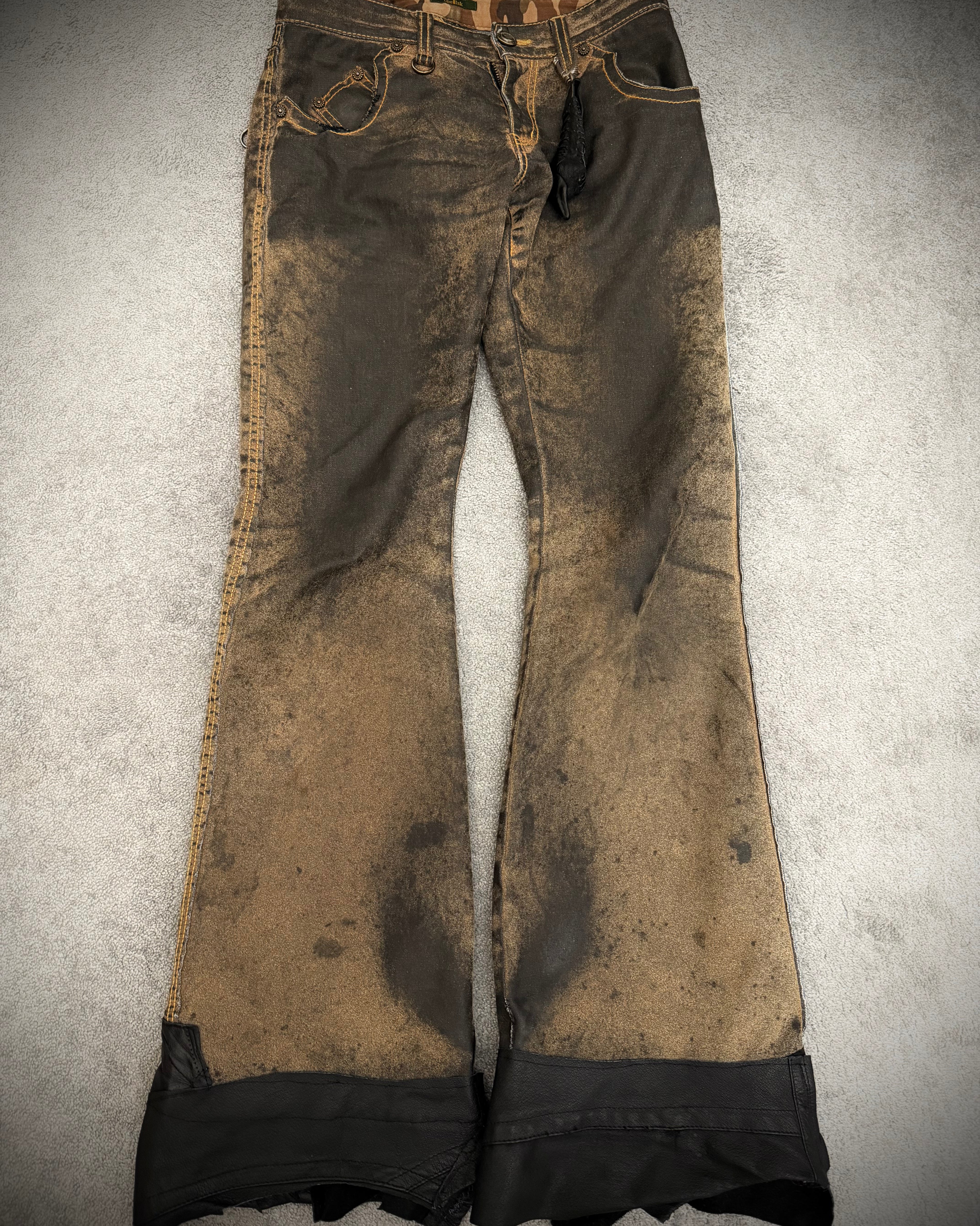 Obelisk Waxed Leather Detailed Flared Pants