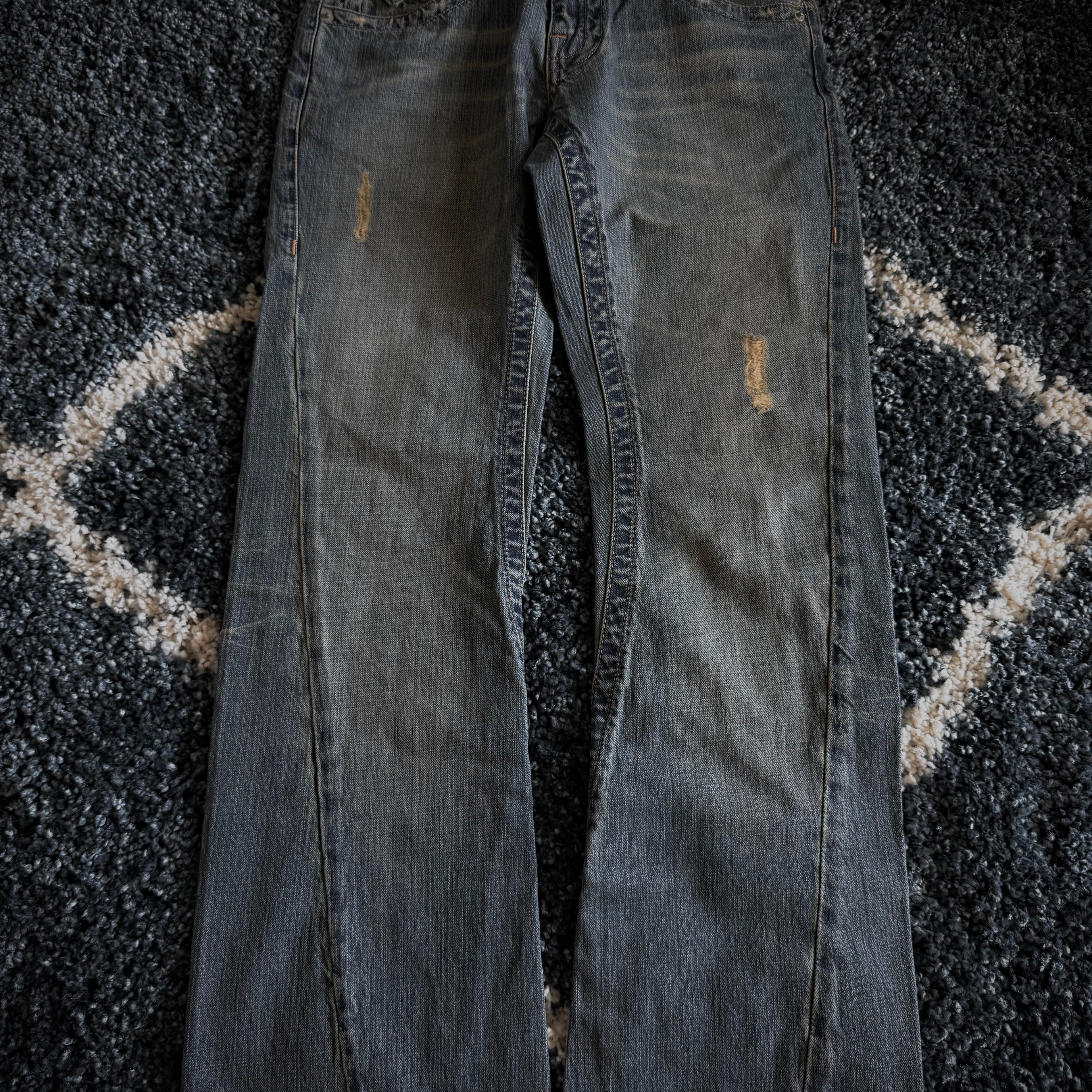 Semantic Design Distressed Flared Denim