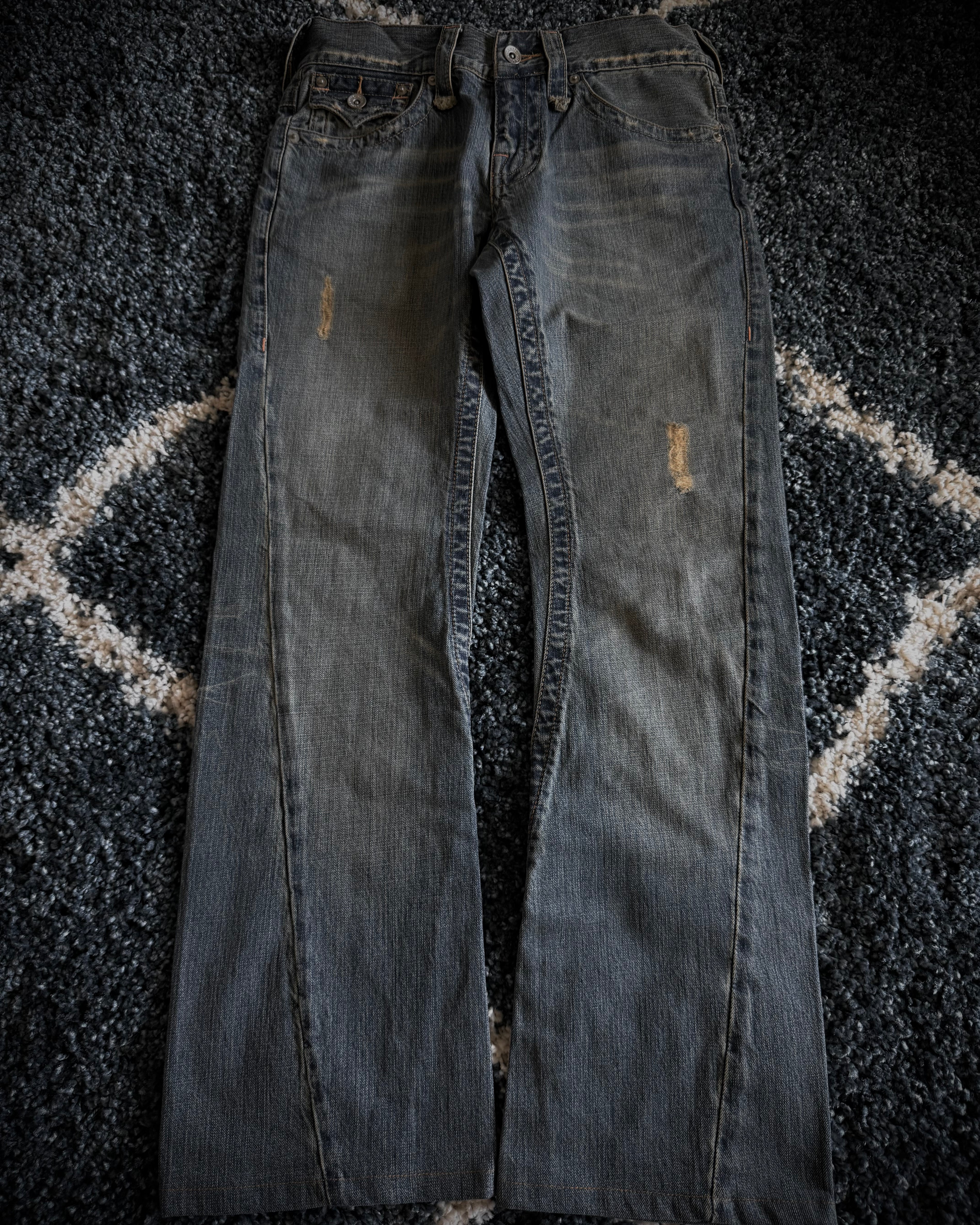 Semantic Design Distressed Flared Denim