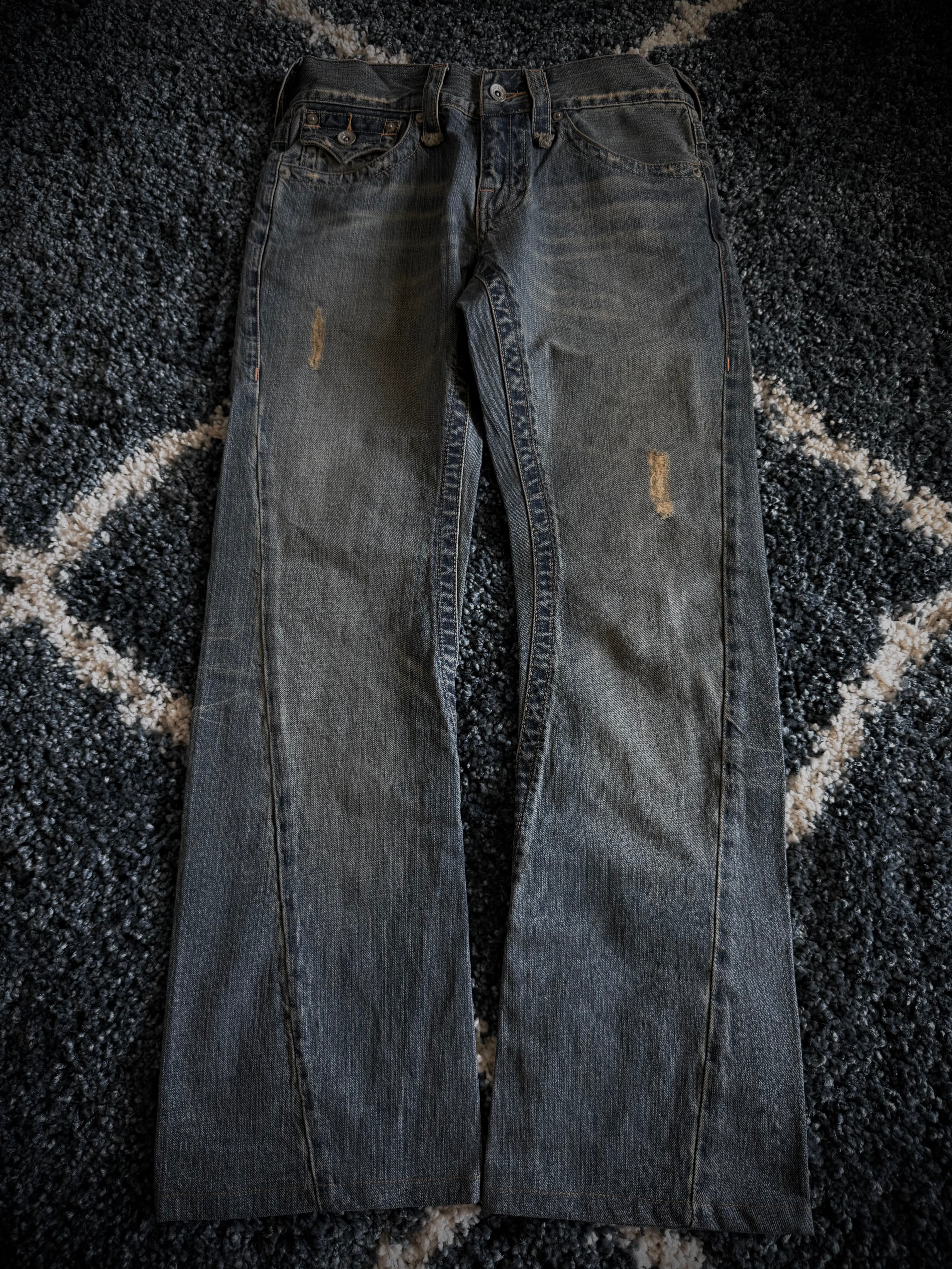 Semantic Design Distressed Flared Denim