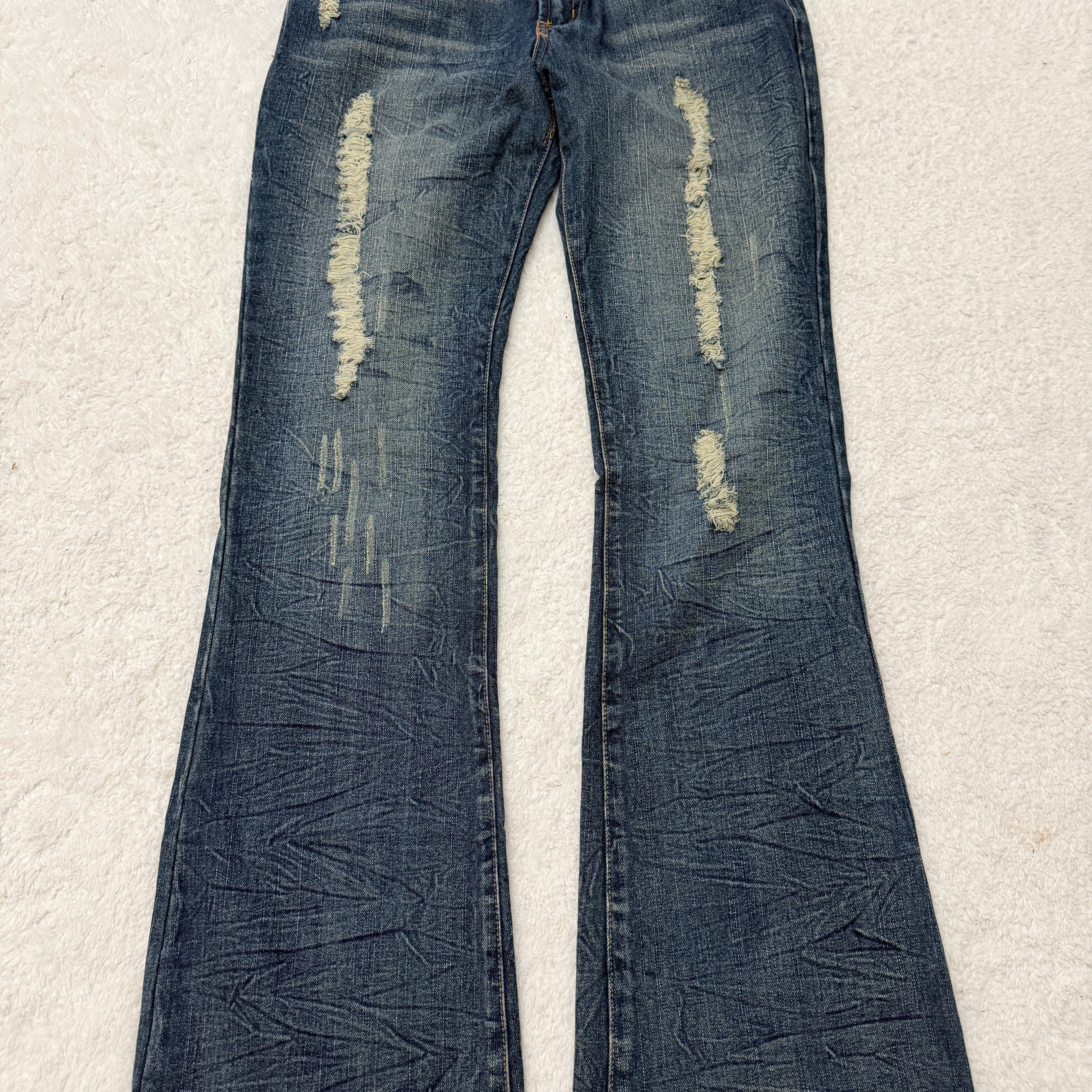 Fuzzy Crystal Distressed Acid Wash Flared Pants