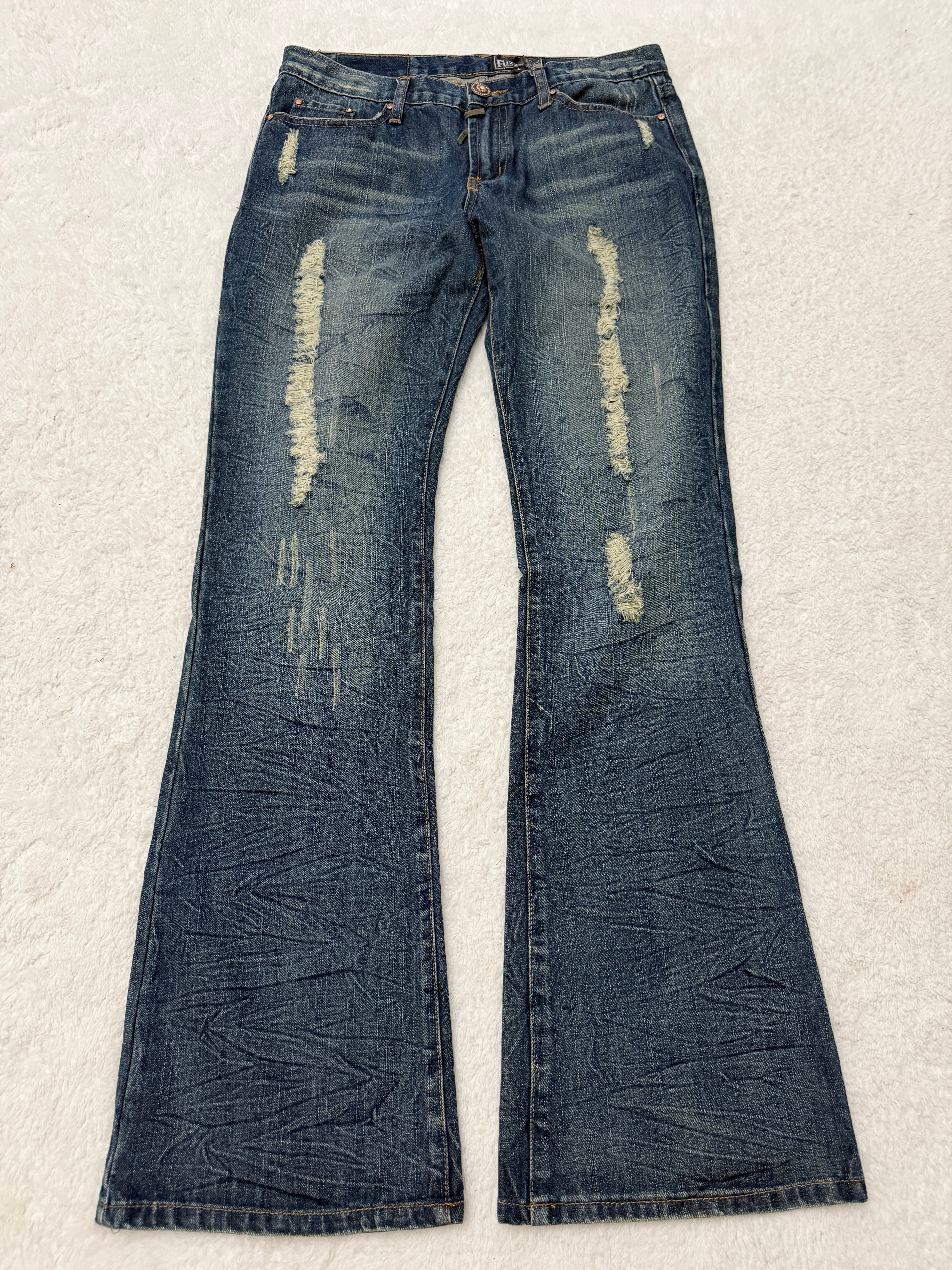 Fuzzy Crystal Distressed Acid Wash Flared Pants