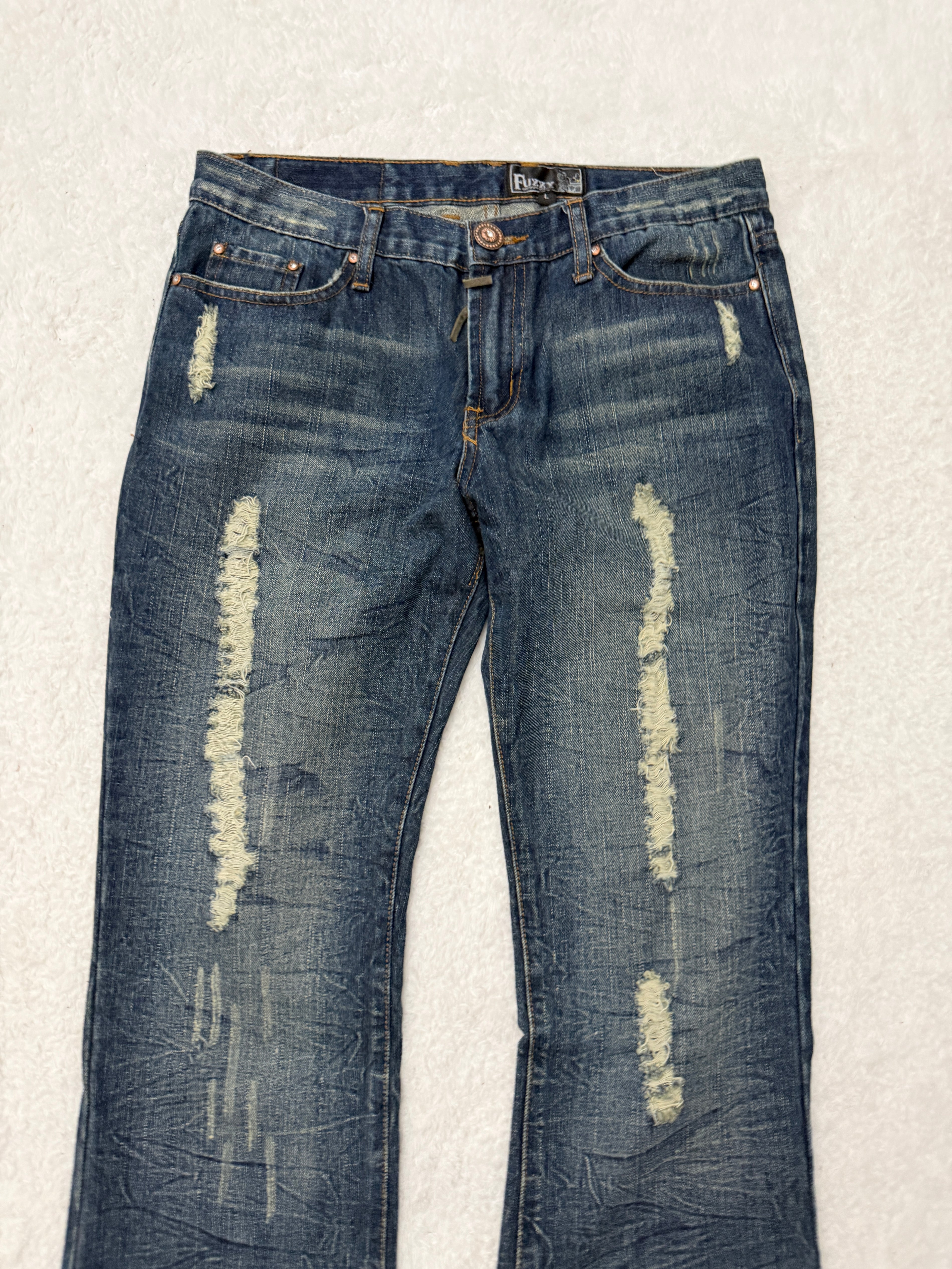 Fuzzy Crystal Distressed Acid Wash Flared Pants