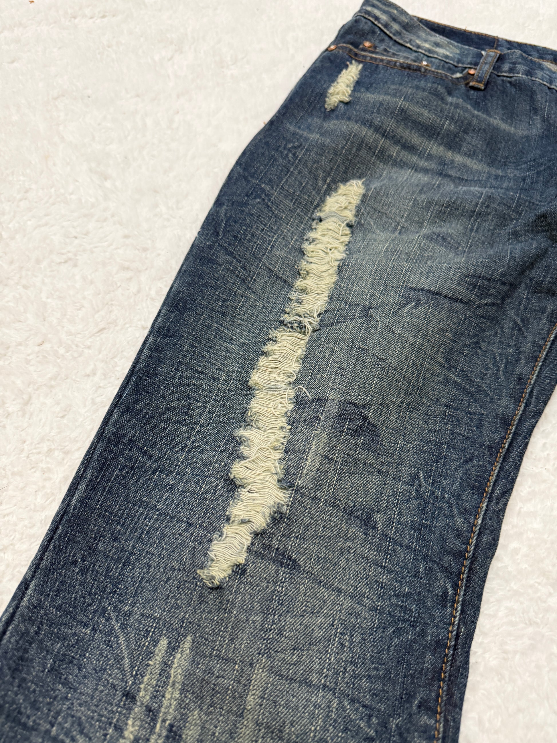 Fuzzy Crystal Distressed Acid Wash Flared Pants