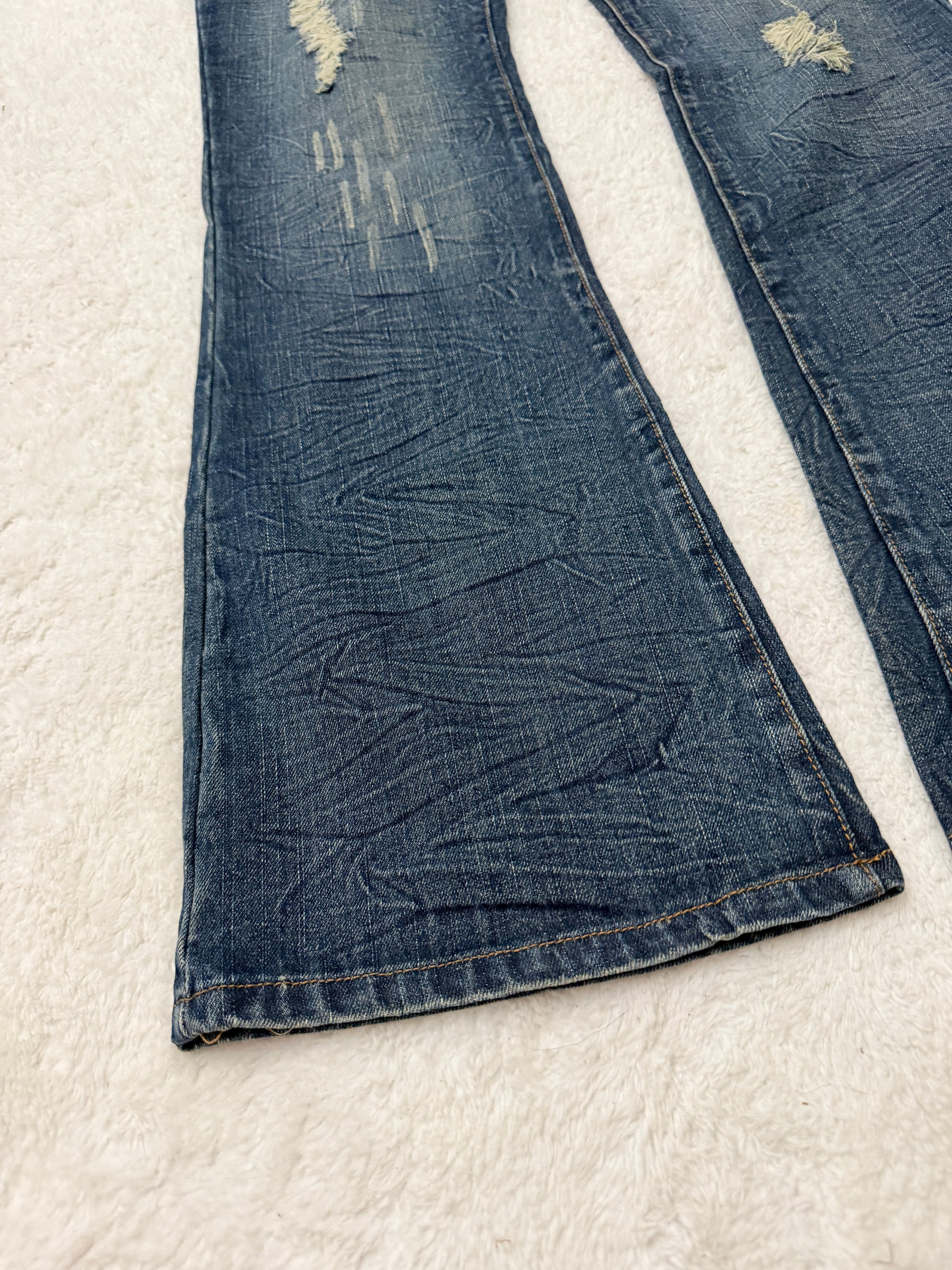 Fuzzy Crystal Distressed Acid Wash Flared Pants
