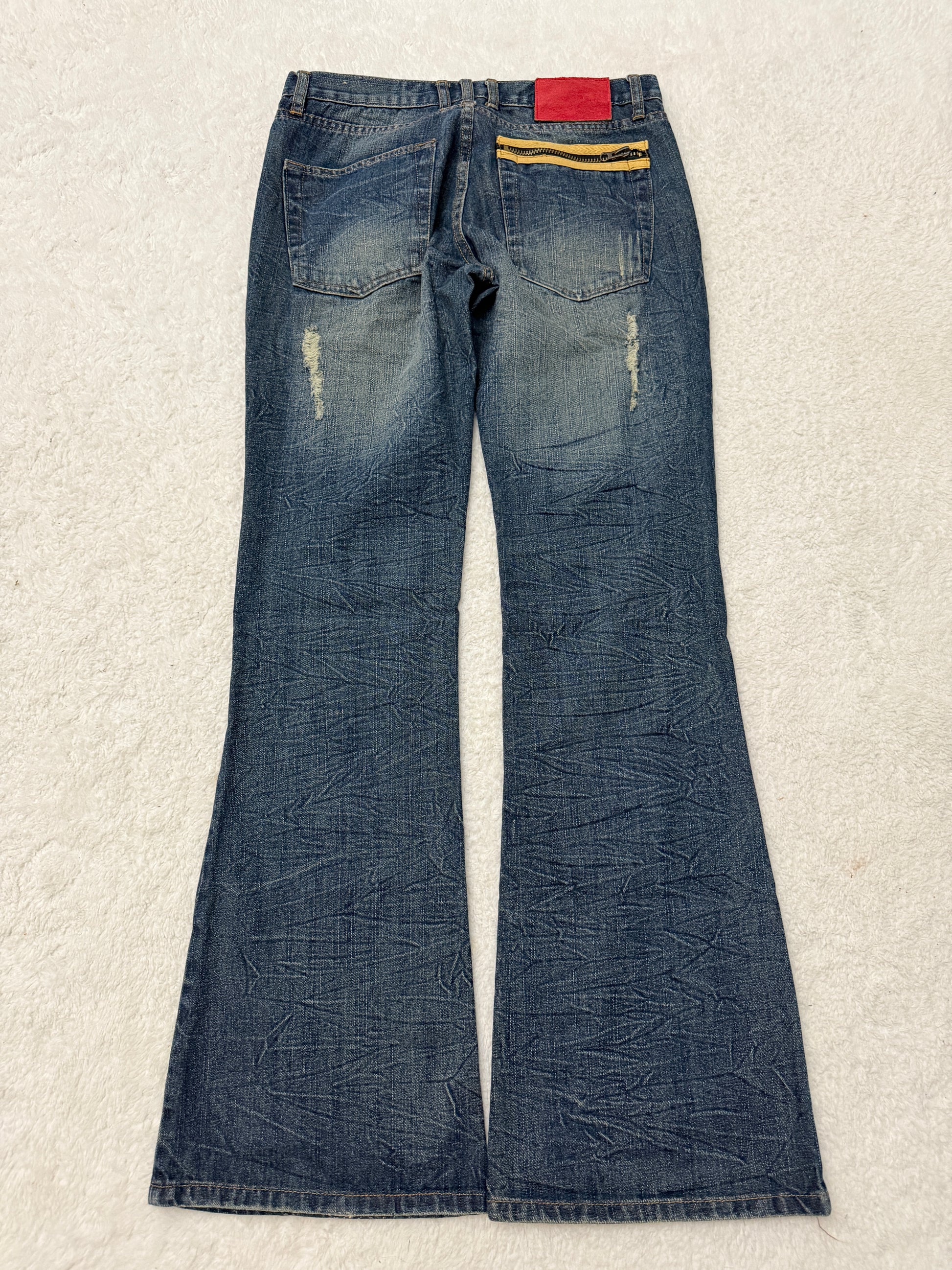 Fuzzy Crystal Distressed Acid Wash Flared Pants