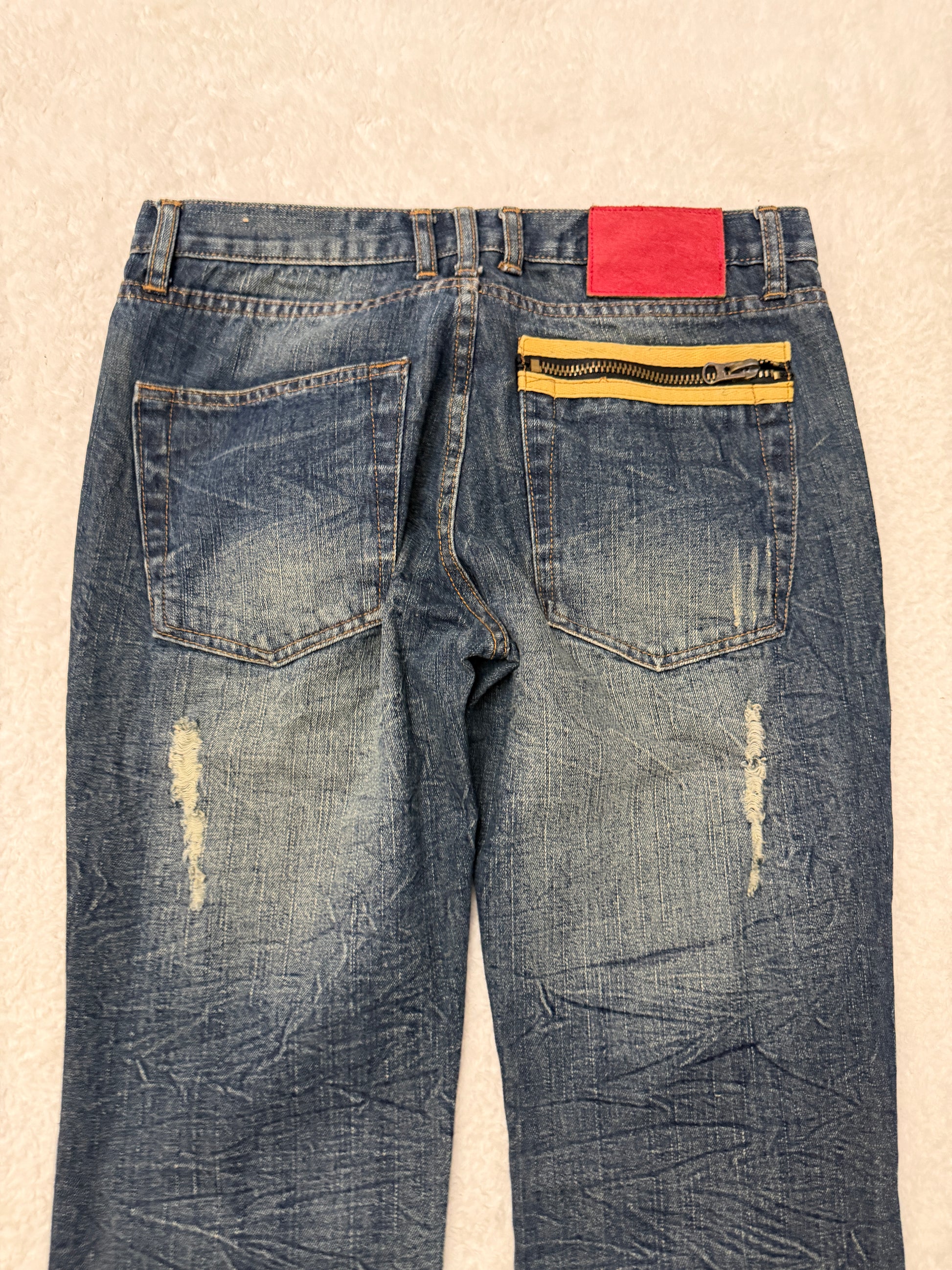 Fuzzy Crystal Distressed Acid Wash Flared Pants