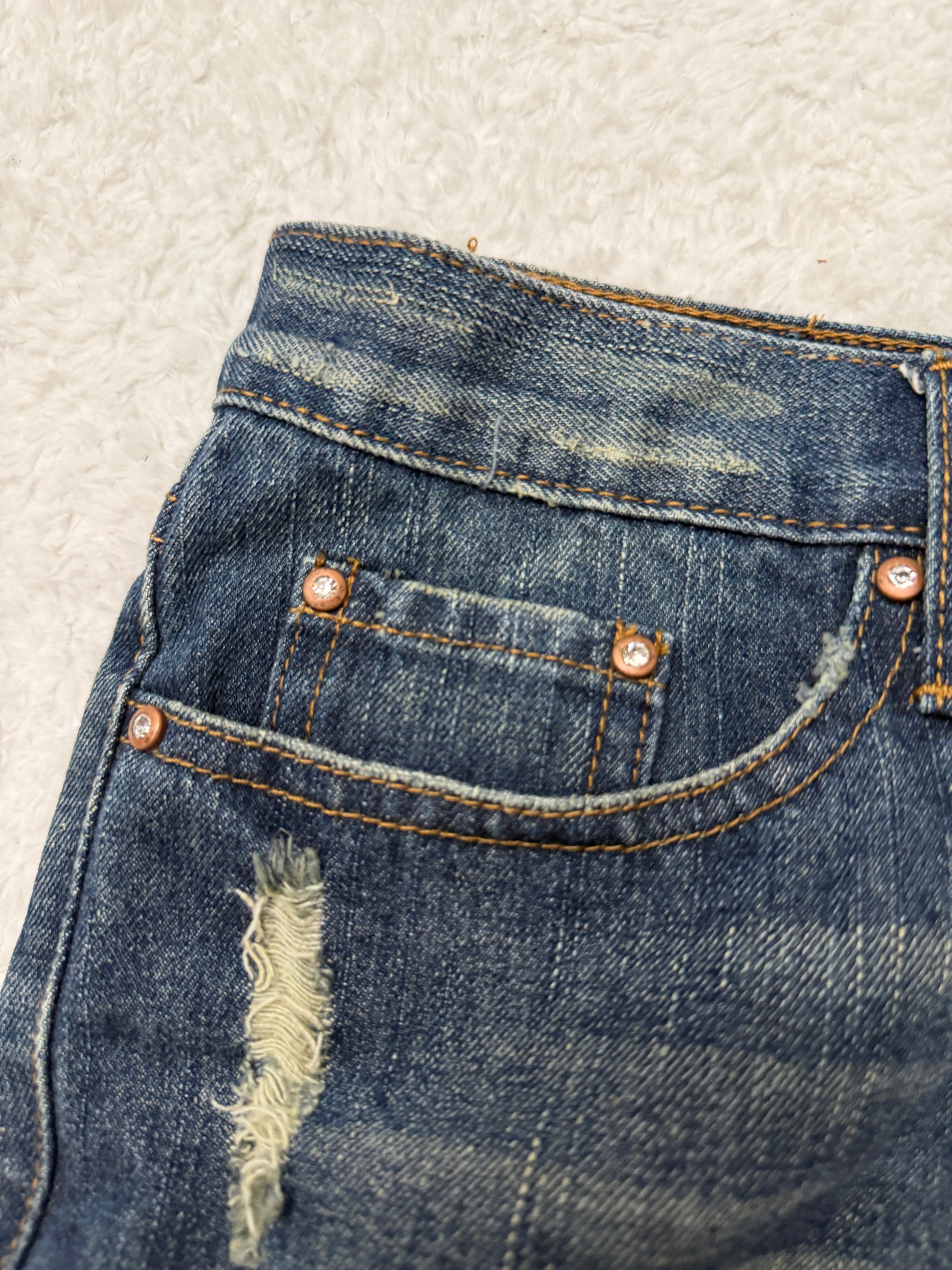 Fuzzy Crystal Distressed Acid Wash Flared Pants