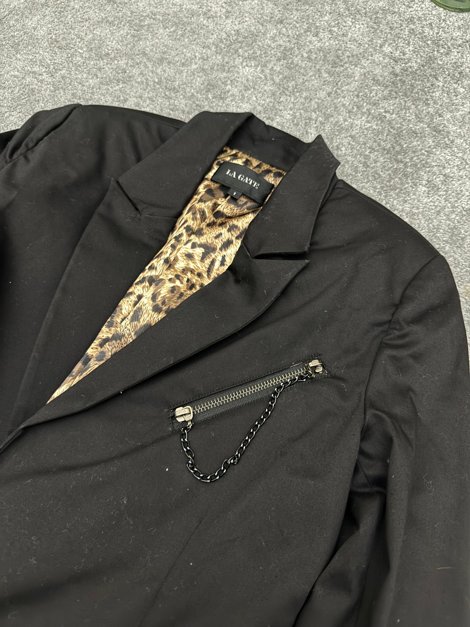 La Gate Leopard Padded shoulders chained Blazer