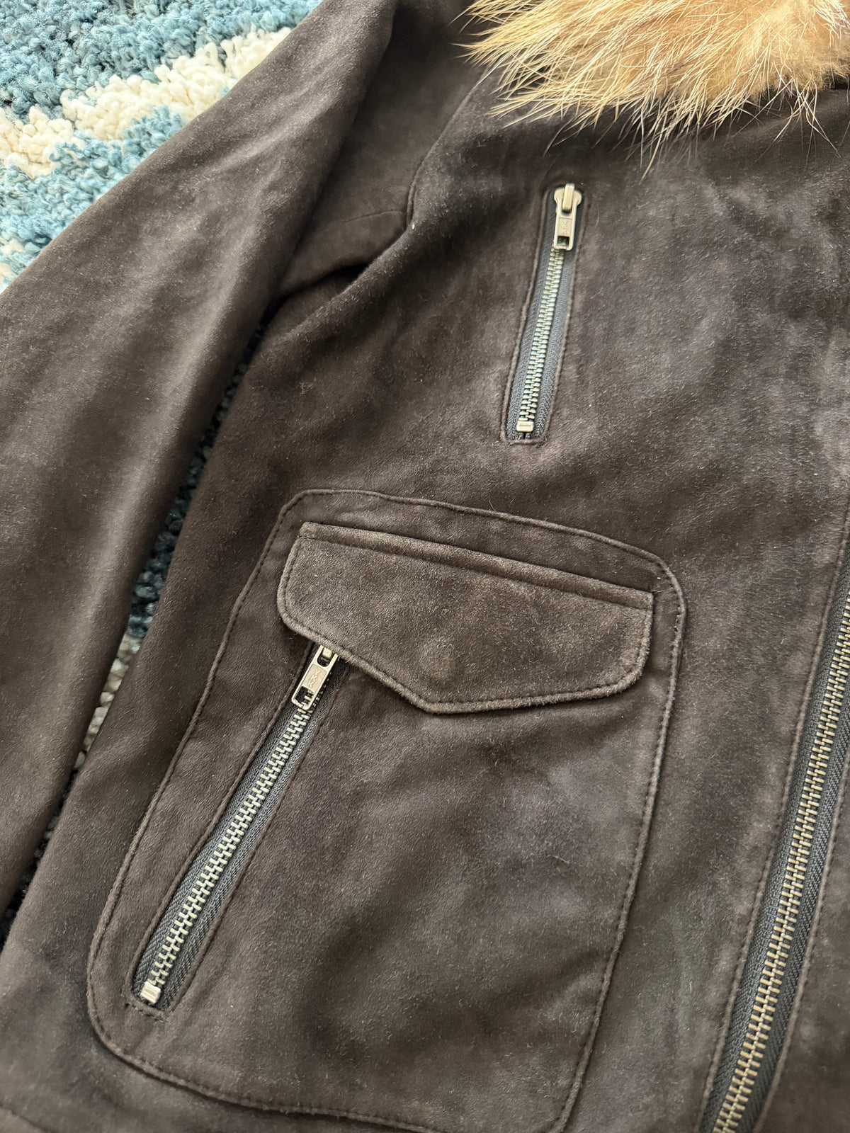 Luca Tram Detachable Fox Fur Double Rider Suede Jacket