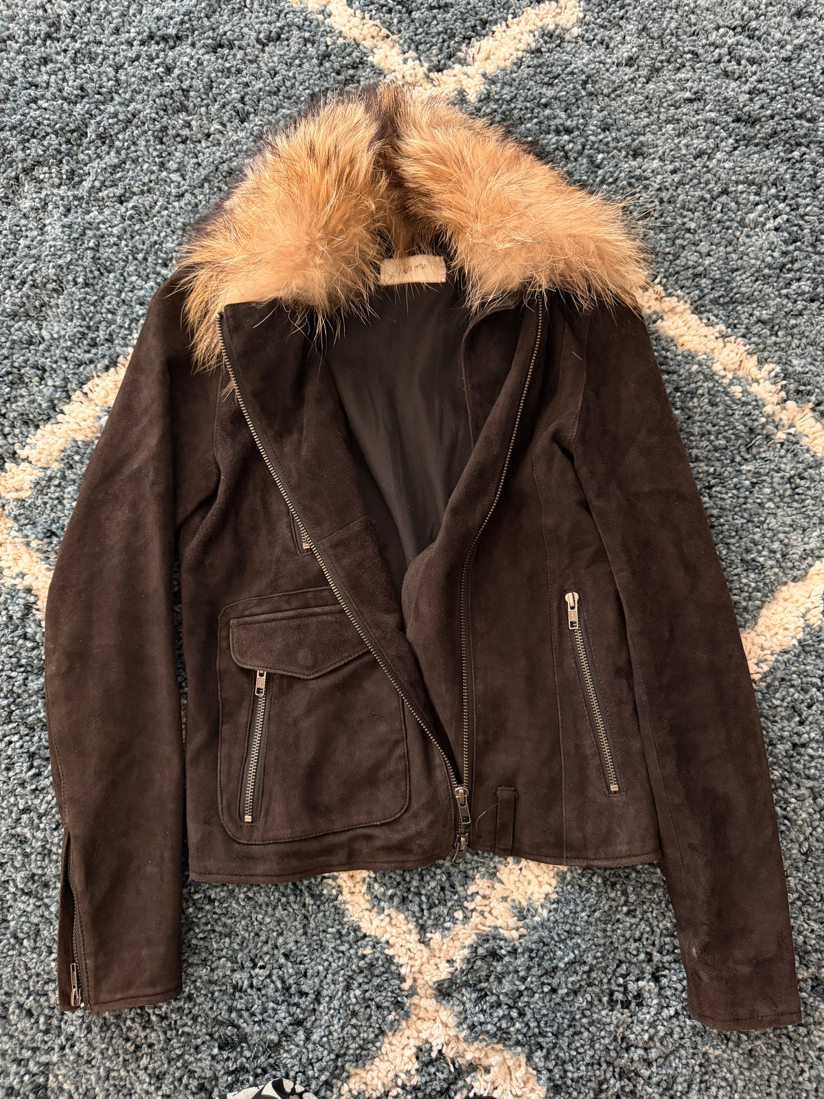 Luca Tram Detachable Fox Fur Double Rider Suede Jacket