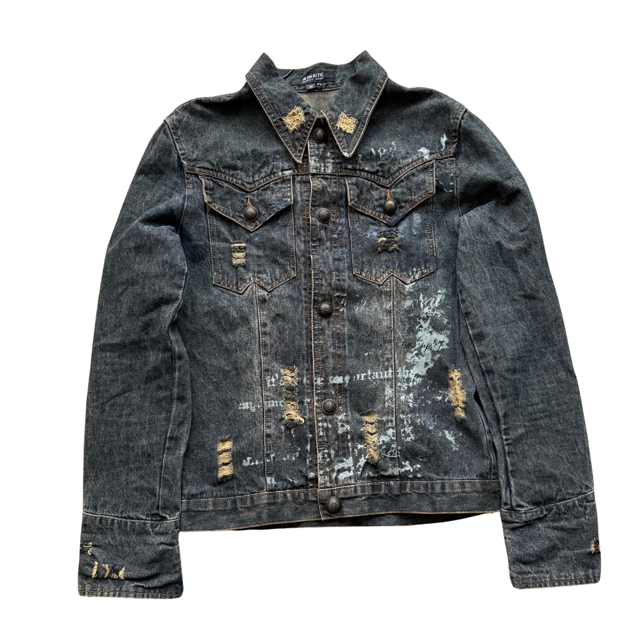 In the attic distressed denim jacket